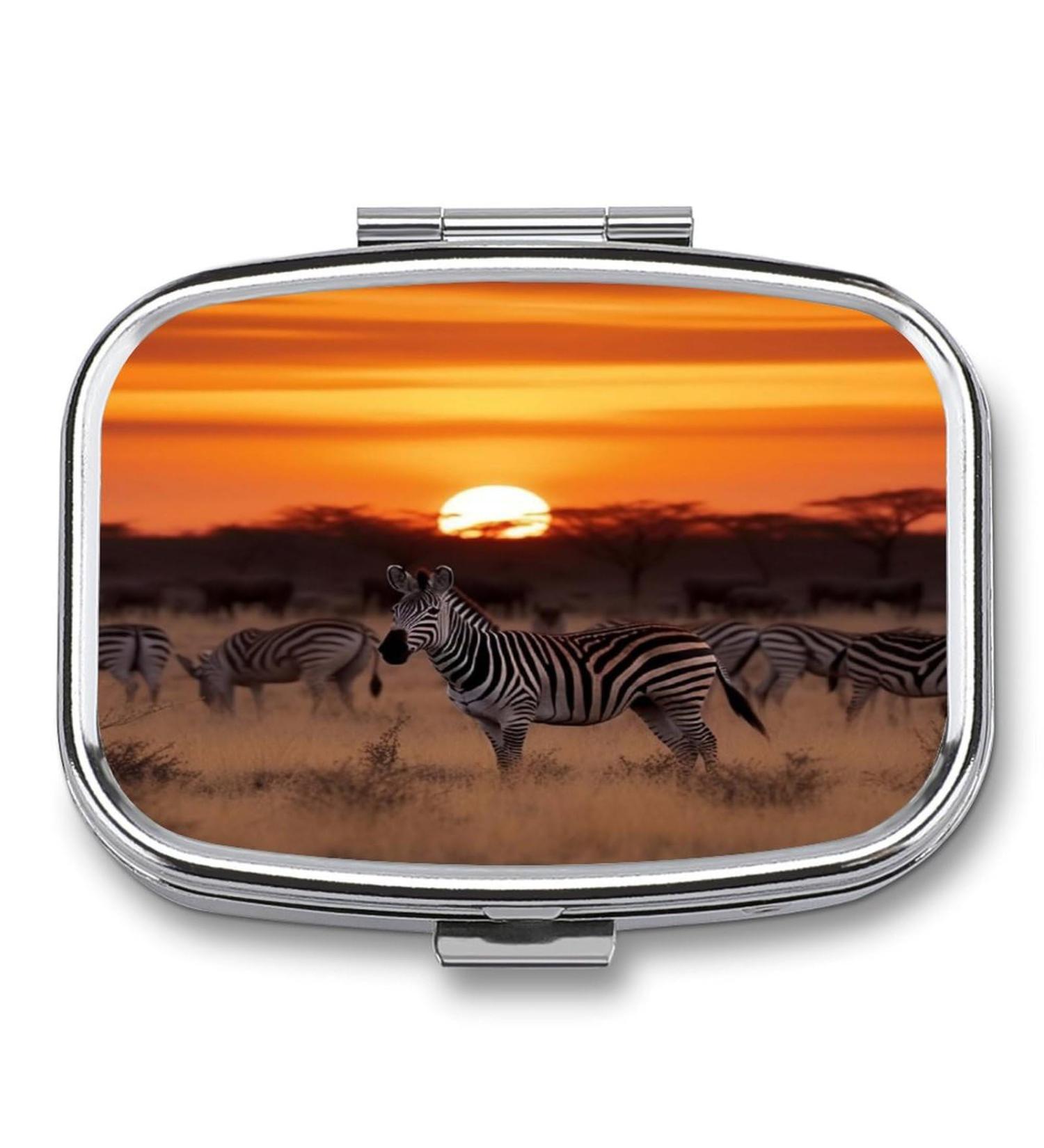 Shop Africa Sunset Zebra Print Pill Box | 2-Compartment Portable Medicine Organizer | Decorative Metal Case - Buy Online on GoSupps.com