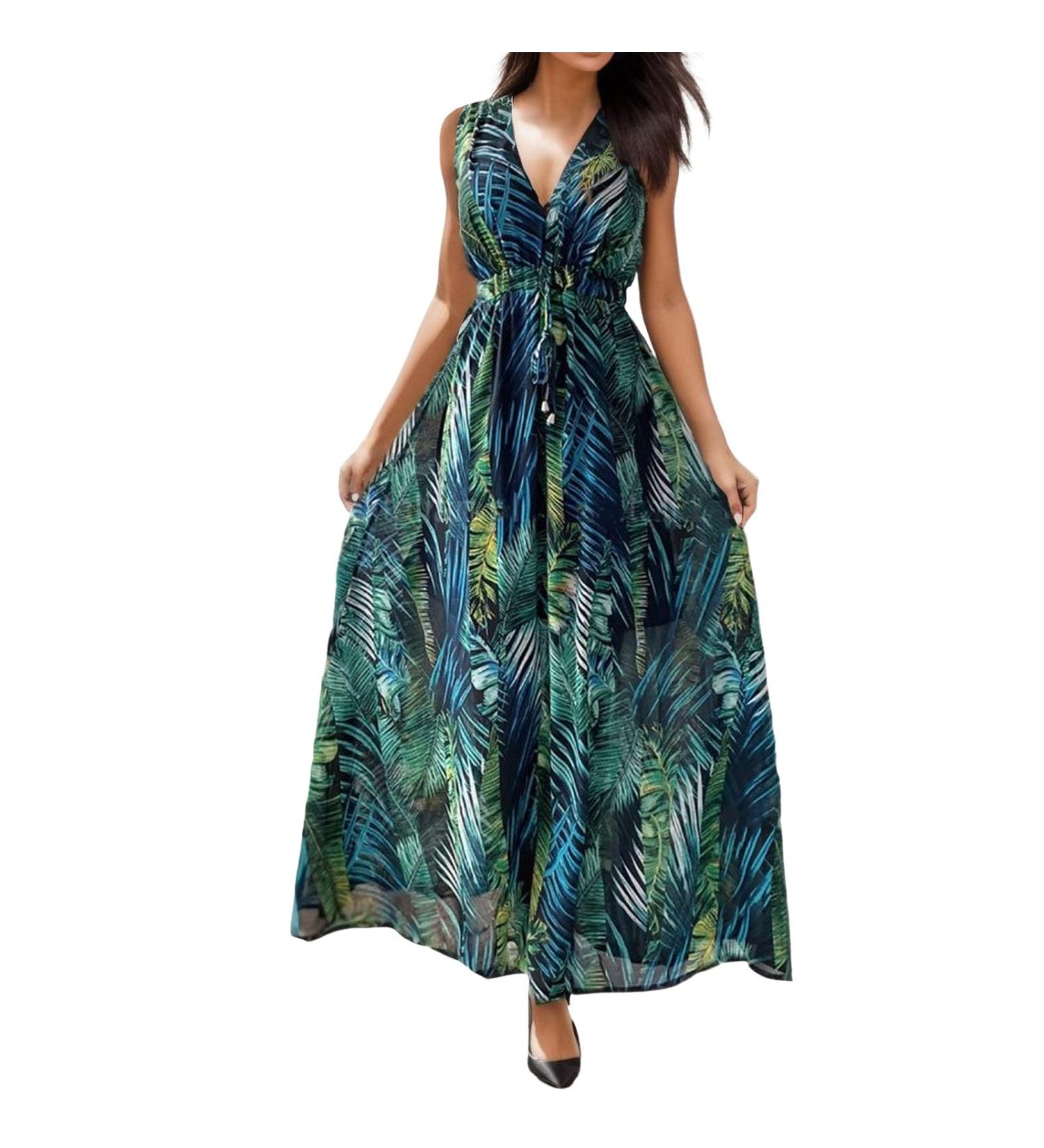 Womens Summer Short Sleeve Crewneck Pleated Swing Sundress Casual Boho Floral Print Long Maxi Dresses 1195-zayeh-green-6 L - Buy Online on GoSupps.com