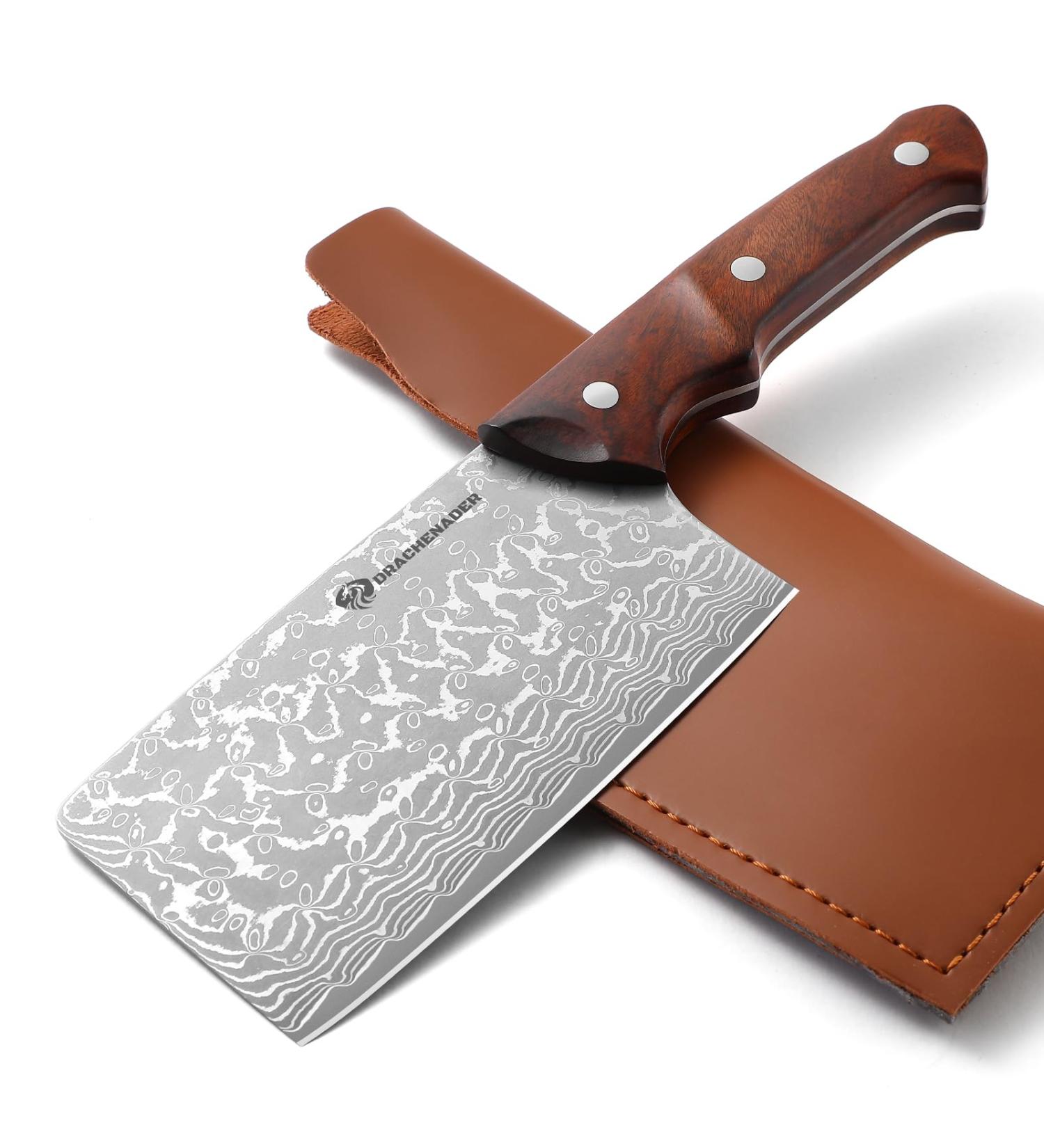 Handmade Drahcenader Damast Hunting & Chef Knife - VG10 Steel Wooden Handle PU Leather Sheath | Outdoor Camping Gear - Buy Online on GoSupps.com