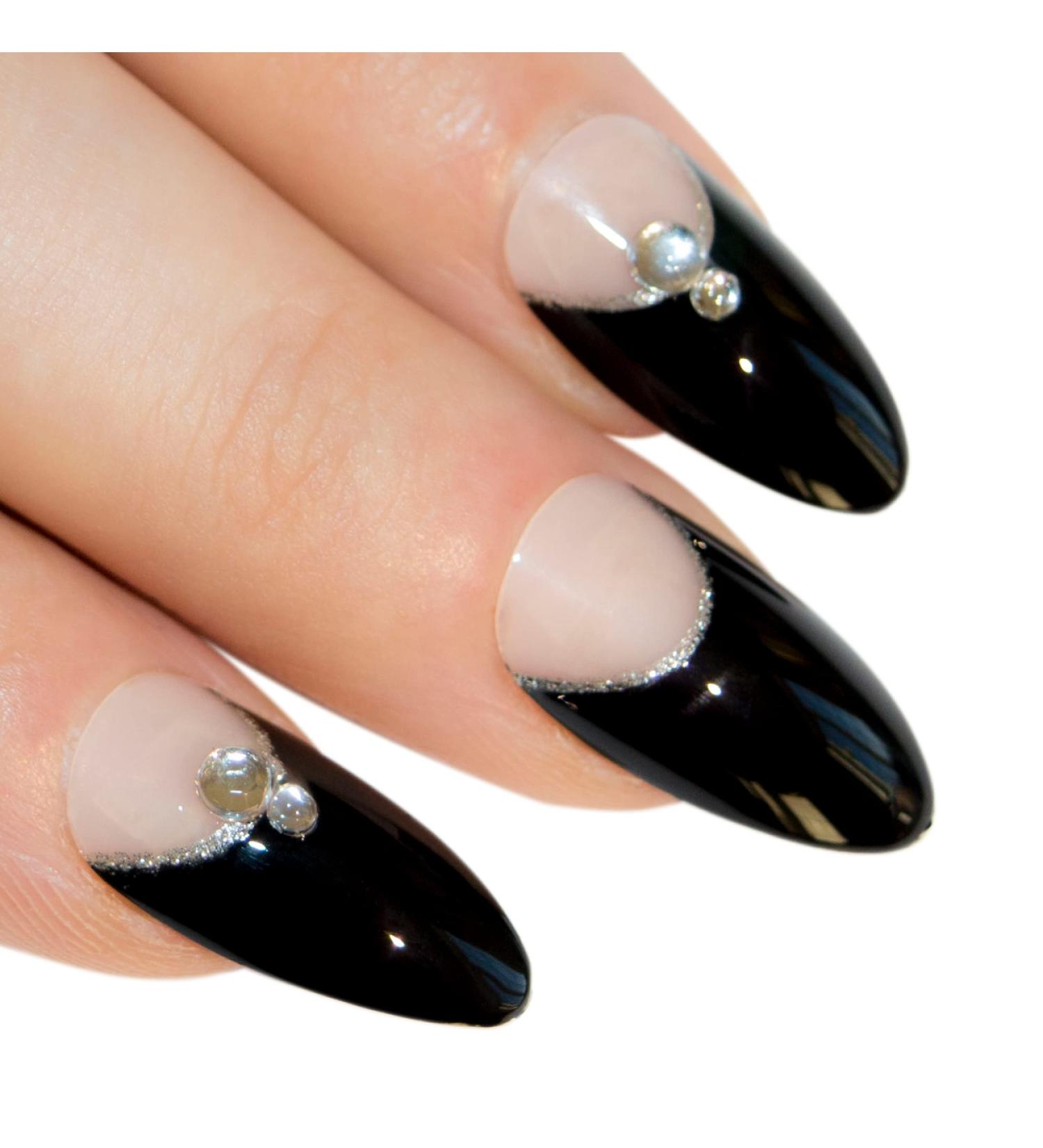 Bling Art Almond False Nails Fake Stiletto Black Crystal 24 Long Tips with Glue - Buy Online on GoSupps.com