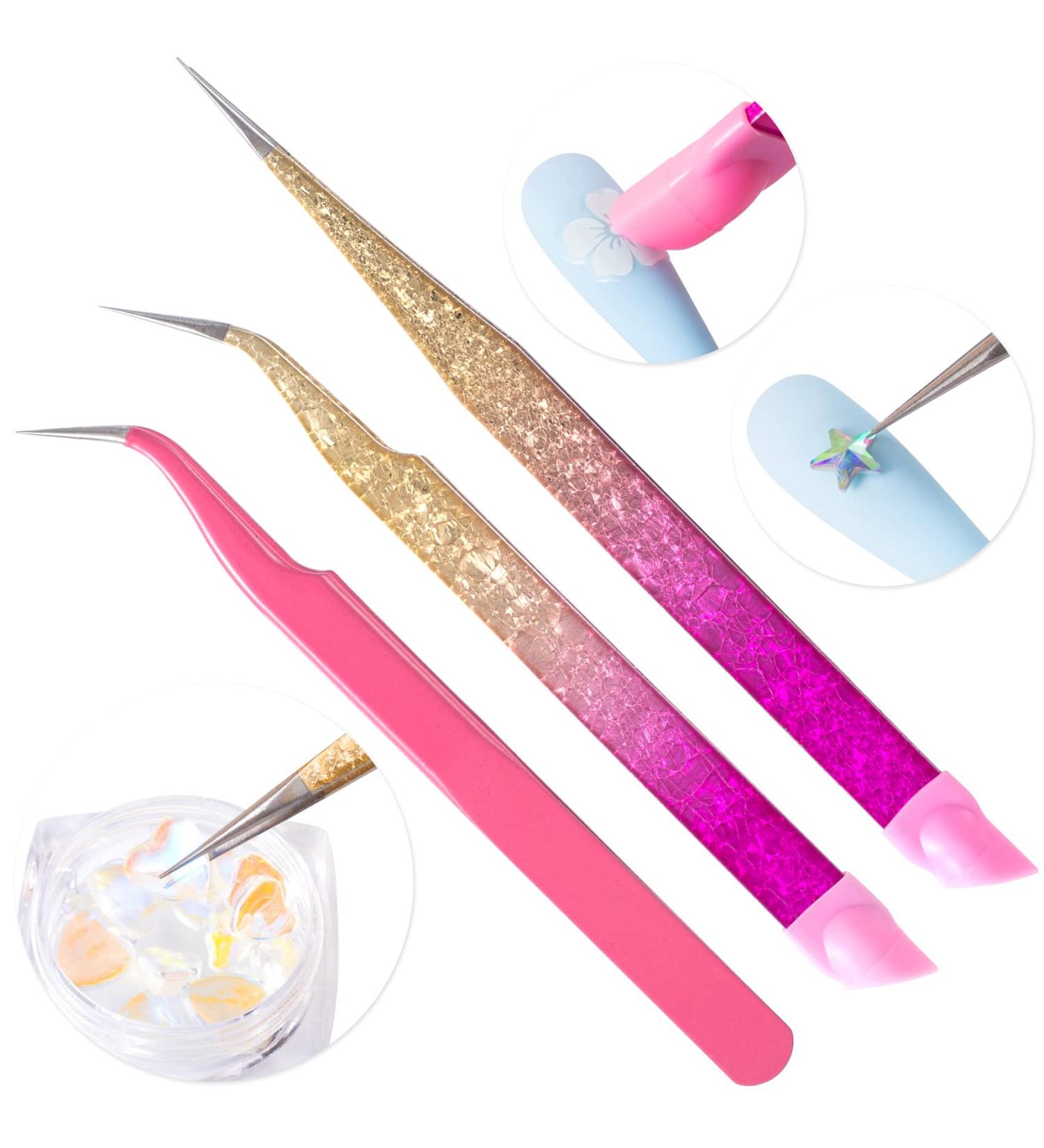 3Pcs Double Ended Nail Art Tweezers Set - Stainless Steel Straight Curved Tip, Silicone Head - Precision Lash, Rhinestone Picker Tool for Women & Girls - Buy Online on GoSupps.com