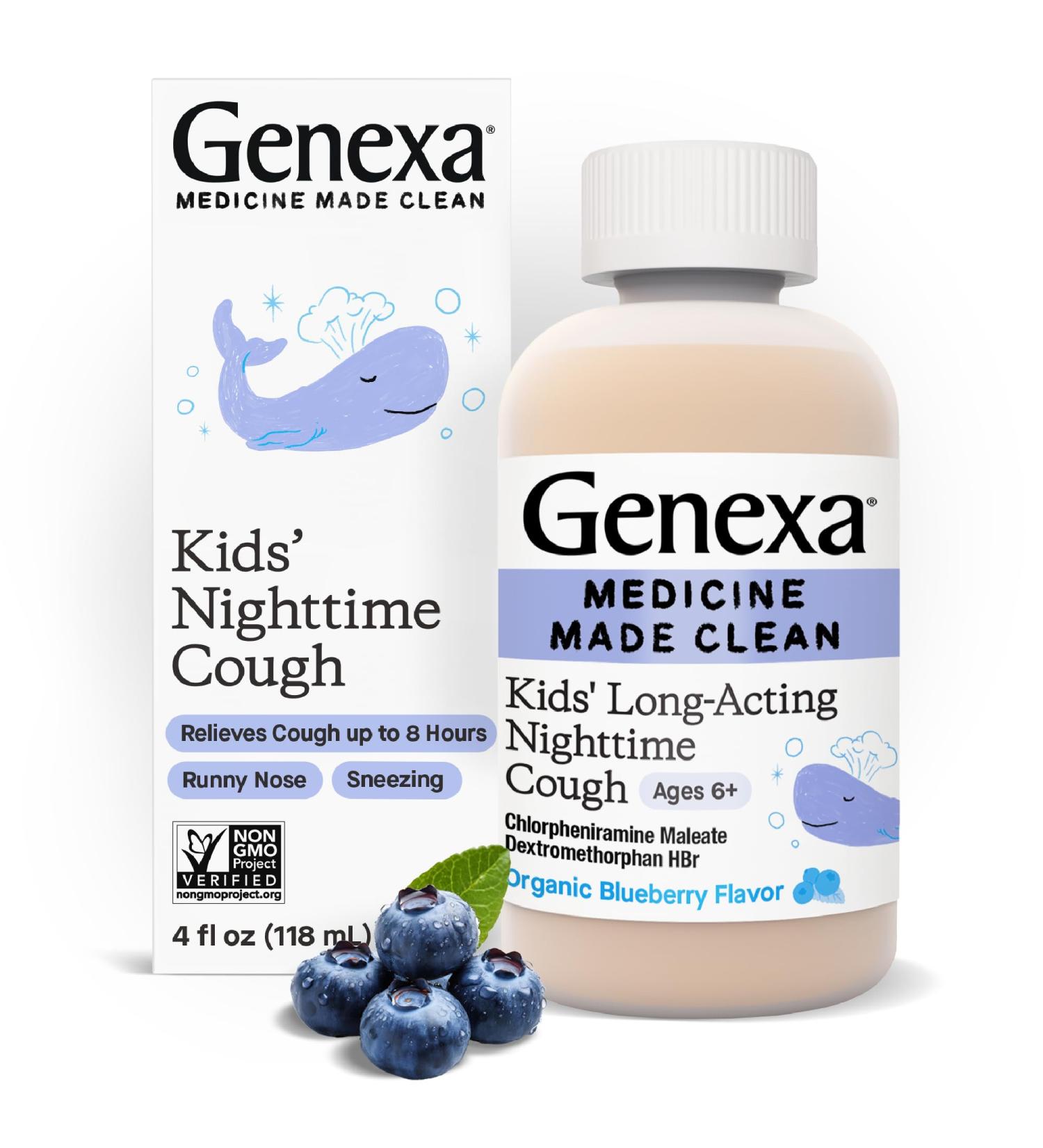 Genexa Kids Nighttime Cough Medicine - Organic Blueberry Liquid Cough Suppressant for Kids 6+ | 4 Fl Oz | Temporary Relief for Cough Runny Nose & Sneezing - Buy Online on GoSupps.com