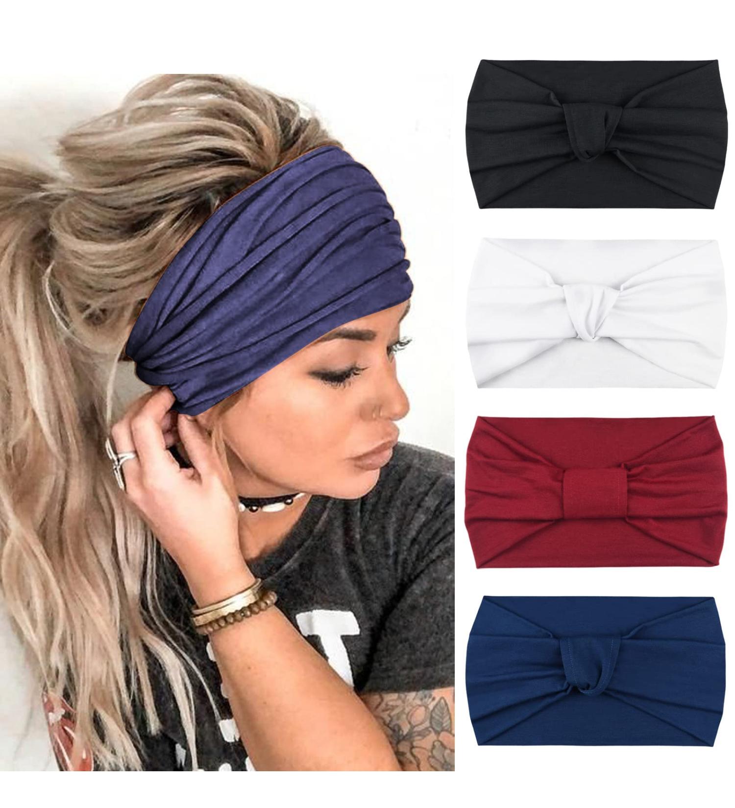 DRESHOW 4 Pack Vintage Turban Headbands for Women - Cute Knotted Wide Hair Wraps in White, Maroon, Indigo & Black - Buy Online on GoSupps.com