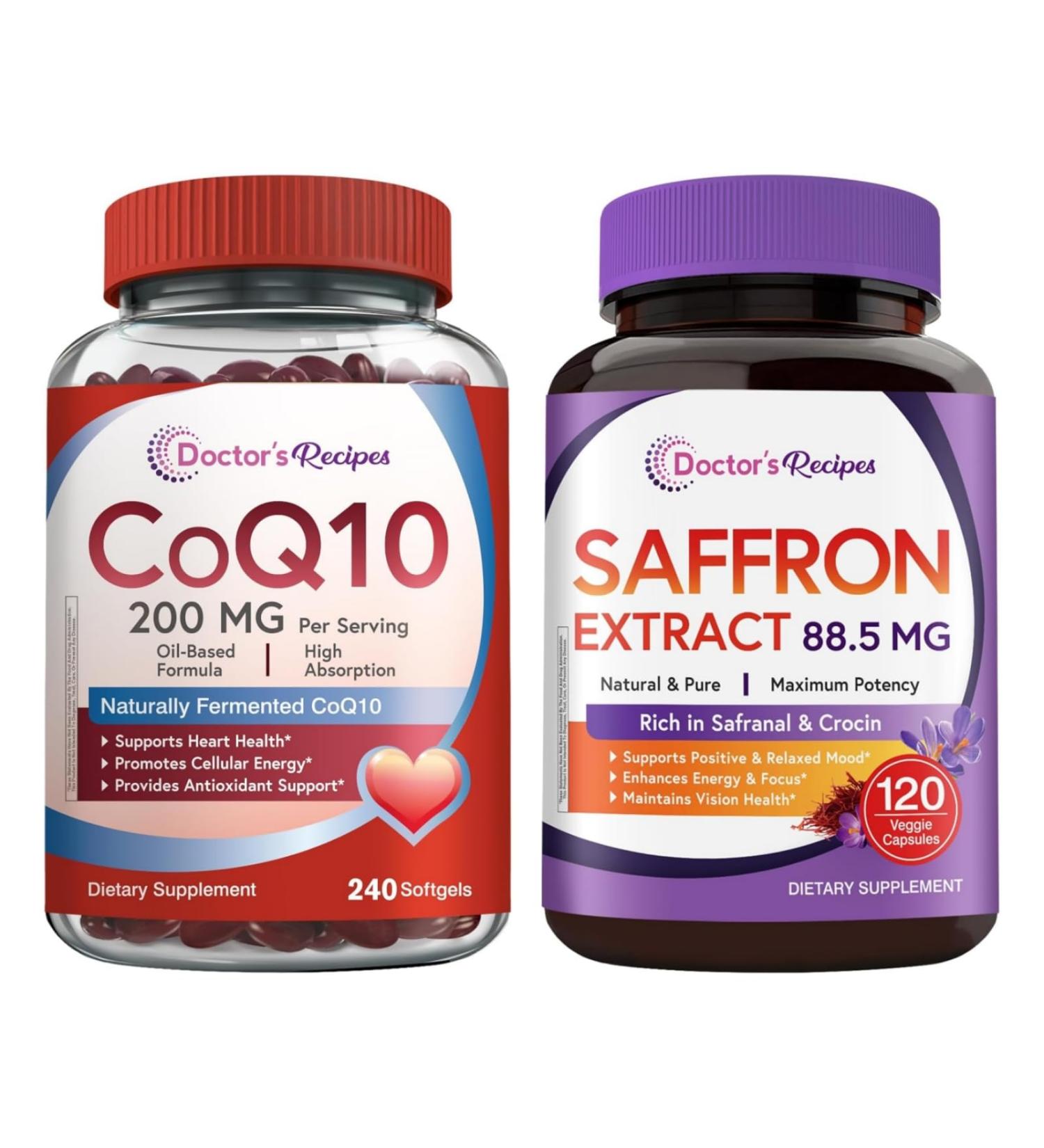 Doctor's Recipes CoQ10 + Saffron Bundle (Pack of 2) | CoQ10 200mg Supplement (Item 1) & Saffron Extract Supplement (Item 2) | 240 Softgels + 120 Capsules - Buy Online on GoSupps.com
