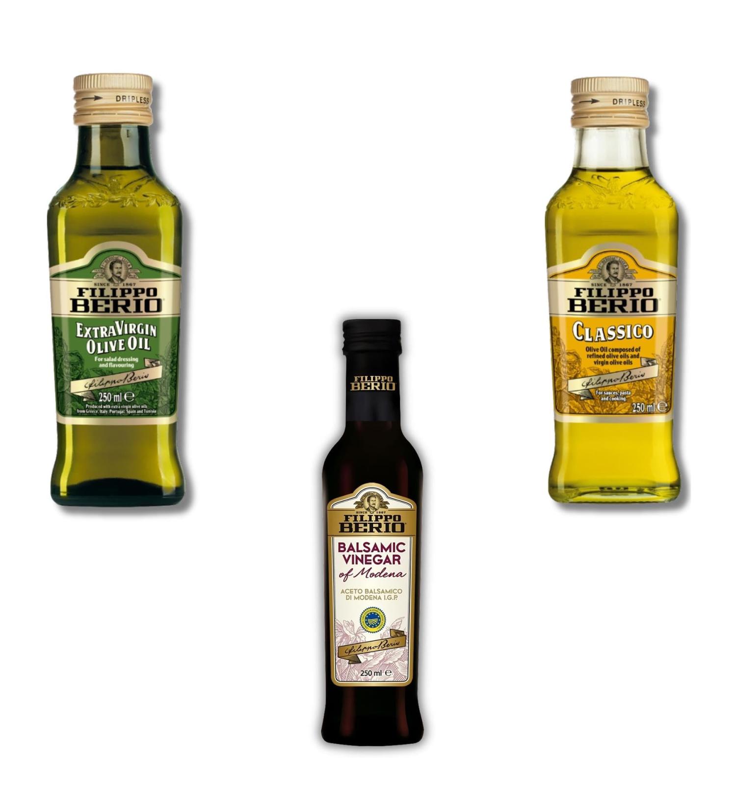Filippo Berio Olive Oil Pick N Mix - Choose From Bottle with 3 Flavours | Balsamic Vinegar of Modena Extra Virgin and Pure for Salad Dressings & Cooking Olive-Oil - Pack of 2 x 250ml - Buy Online on GoSupps.com