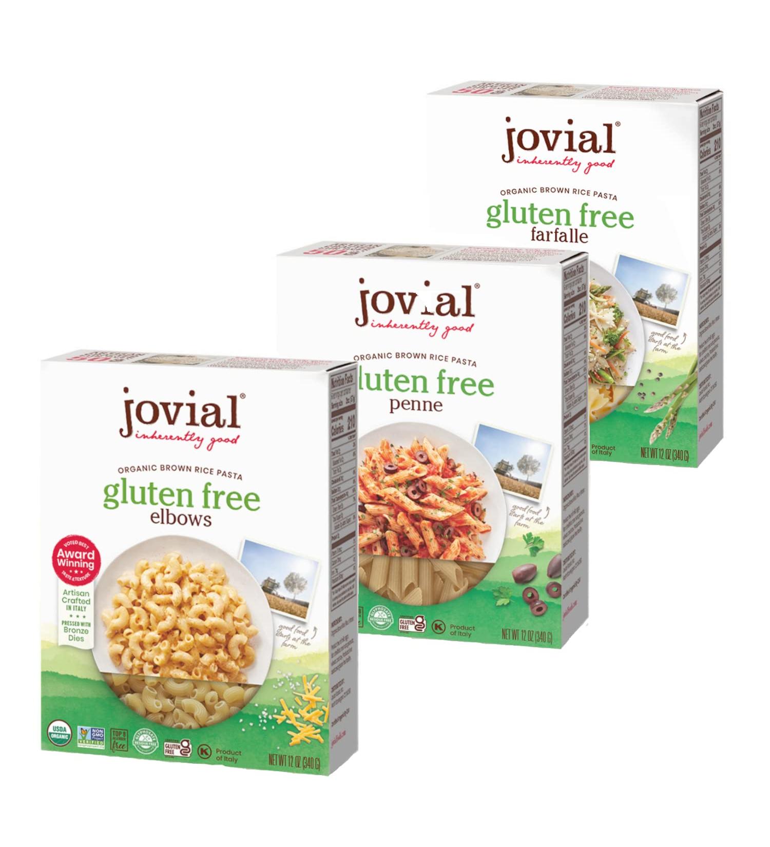 Jovial Organic Pasta Variety Pack - Farfalle, Elbows, Penne Rigate | Whole Grain Brown Rice | Gluten-Free & Non-GMO | Lower Carb | Made in Italy | 12 oz Each (3-pack) - Buy Online on GoSupps.com