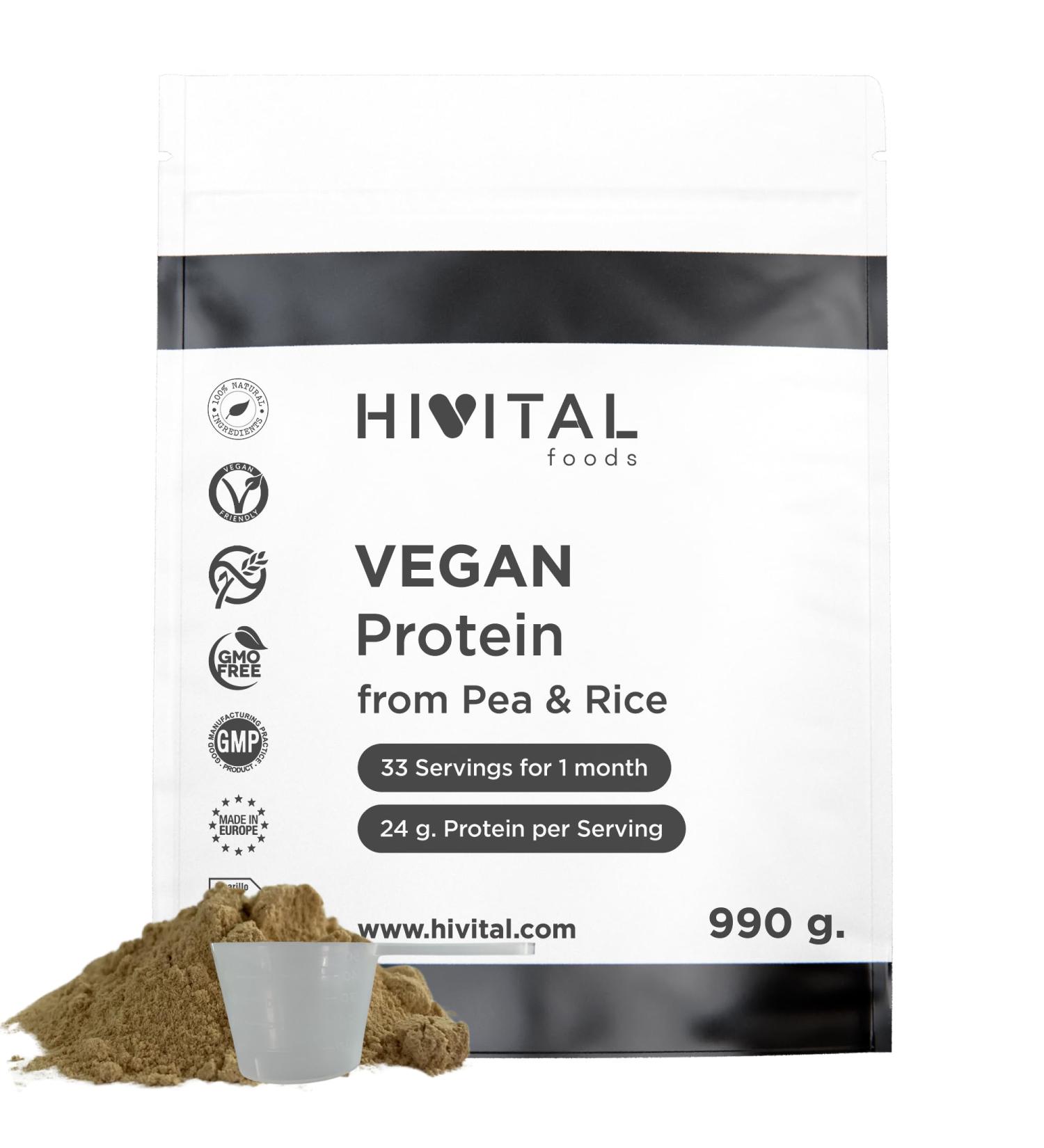 Prot ine V g talienne 990 g pour 1 mois de traitement. 24 g de Prot ines Naturelles par jour. base d'Isolat de Pois et de Concentr de Riz. Sans Ar me. Sans soja. Fabriqu en Europe par HIVITAL - Buy Online on GoSupps.com