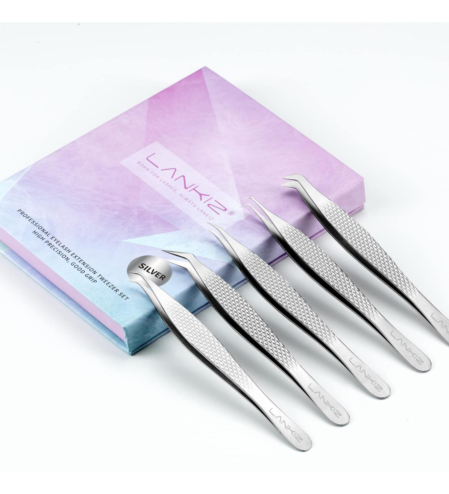 LANKIZ Lash Tweezers Set 5-Pack High Precision Stainless Steel Eyelash Extension Tweezers for Volume Isolation & Classic Lashes - Professional Silver Tweezers - Buy Online on GoSupps.com
