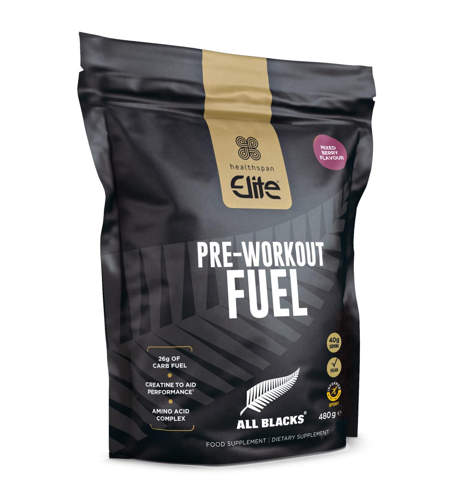 Healthspan Elite All Blacks Pre-Workout Fuel (480g) - Vegan Mixed Berry | 25g Carbs Per Serving | Creatine for Performance - Buy Online on GoSupps.com