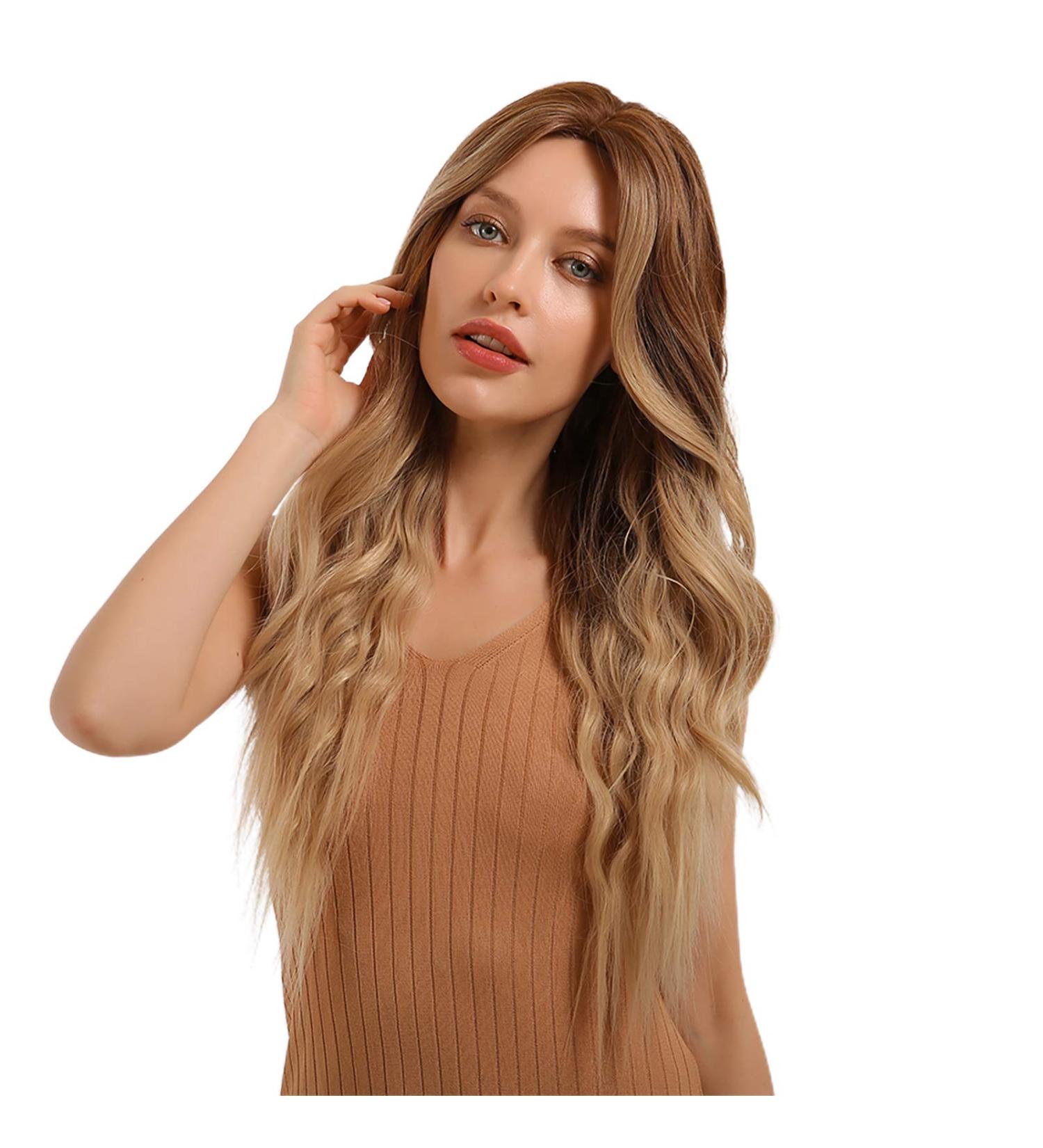 EMMOR Long Ombre Honey Brown Wavy Curly Wig for Women - Middle Part, Ideal for Party, Cosplay & Daily Use - Buy Online on GoSupps.com