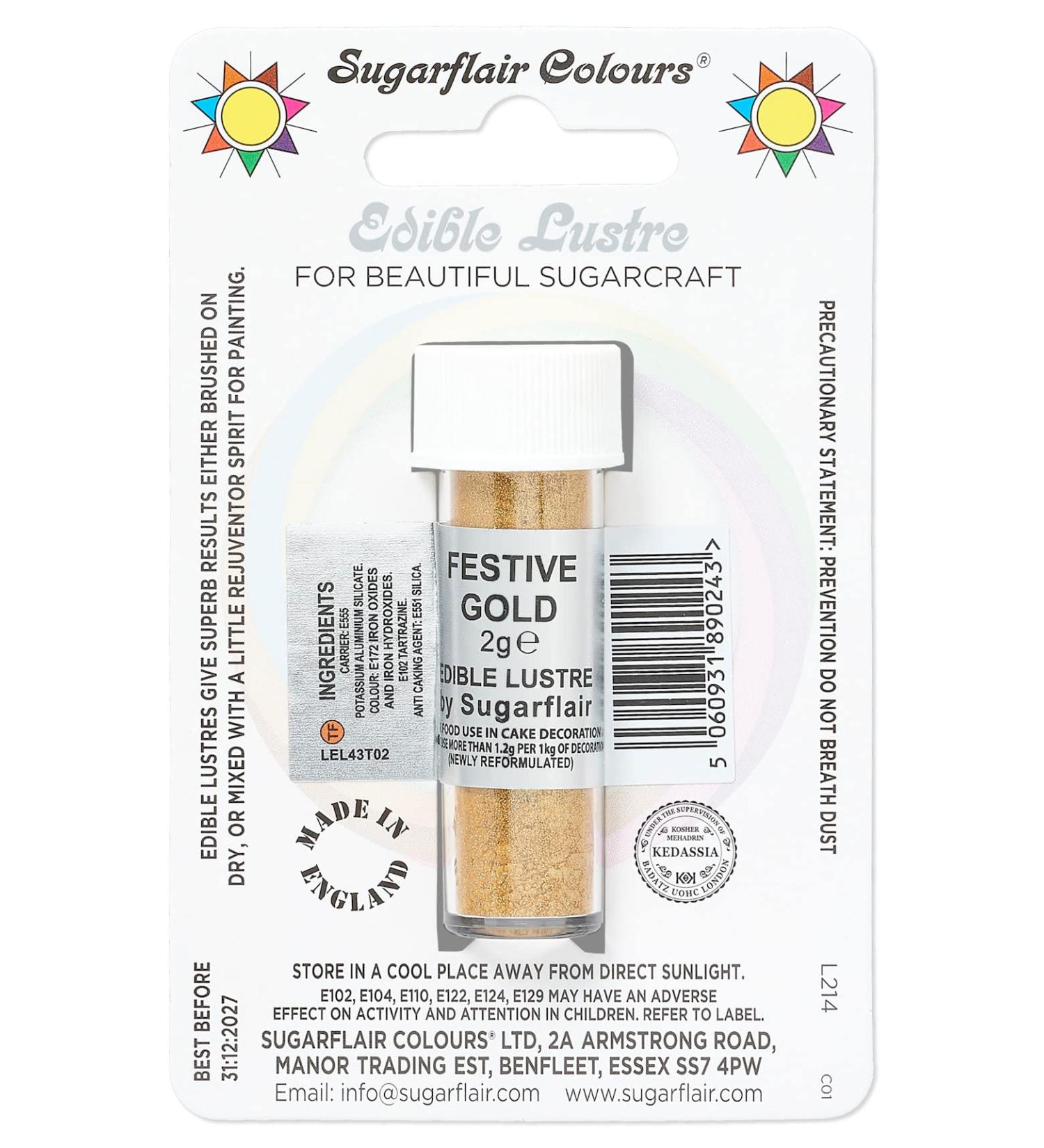 Sugarflair Festive Gold Edible Lustre Dust (E171 Free) Add a Lustrous Shine to Cakes or Decorations. Brush On or Add Rejuvenator to Create Eye-Catching Edible Paint- 2g