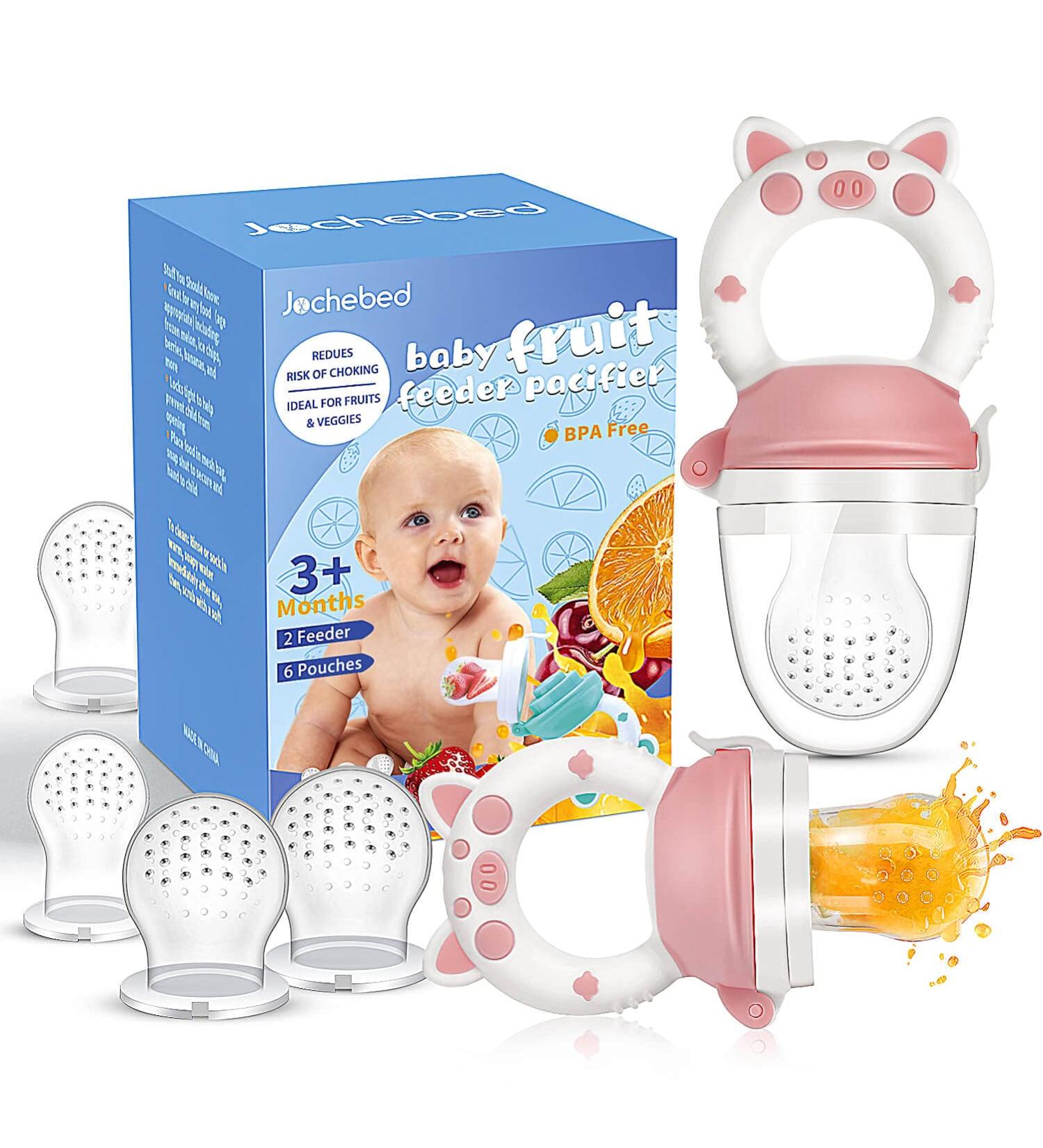 Baby Fruit Food Feeder Pacifier - Fresh Teething Teether Toy for 3-24 Months | 6 Pcs Silicone Pouches | Piggy Handle 2-Pack (Pink) - Buy Online on GoSupps.com