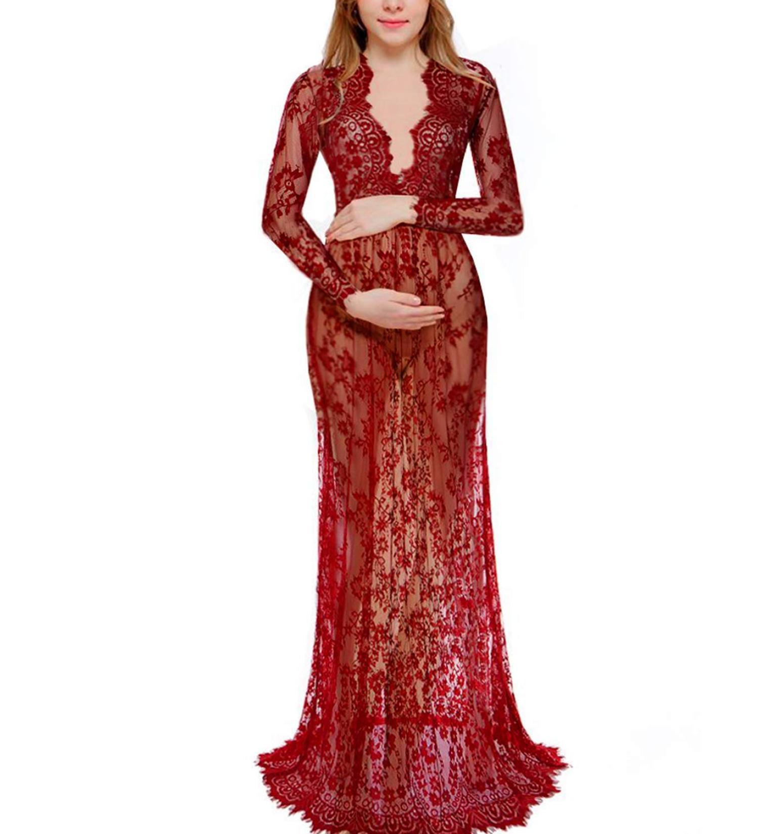 BUOYDM Maternity Lace Photography Dress Maxi - Elegant Props for Photo Shoots - M Burgundy Red - Buy Online on GoSupps.com