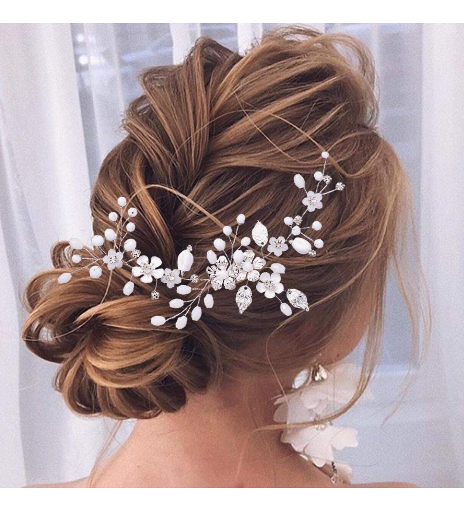 Unicra Silver Wedding Hair Vine - Rhinestone Flower Headpiece with Pearls | Bridal Hair Jewelry for Bridesmaid & Women - Buy Online on GoSupps.com