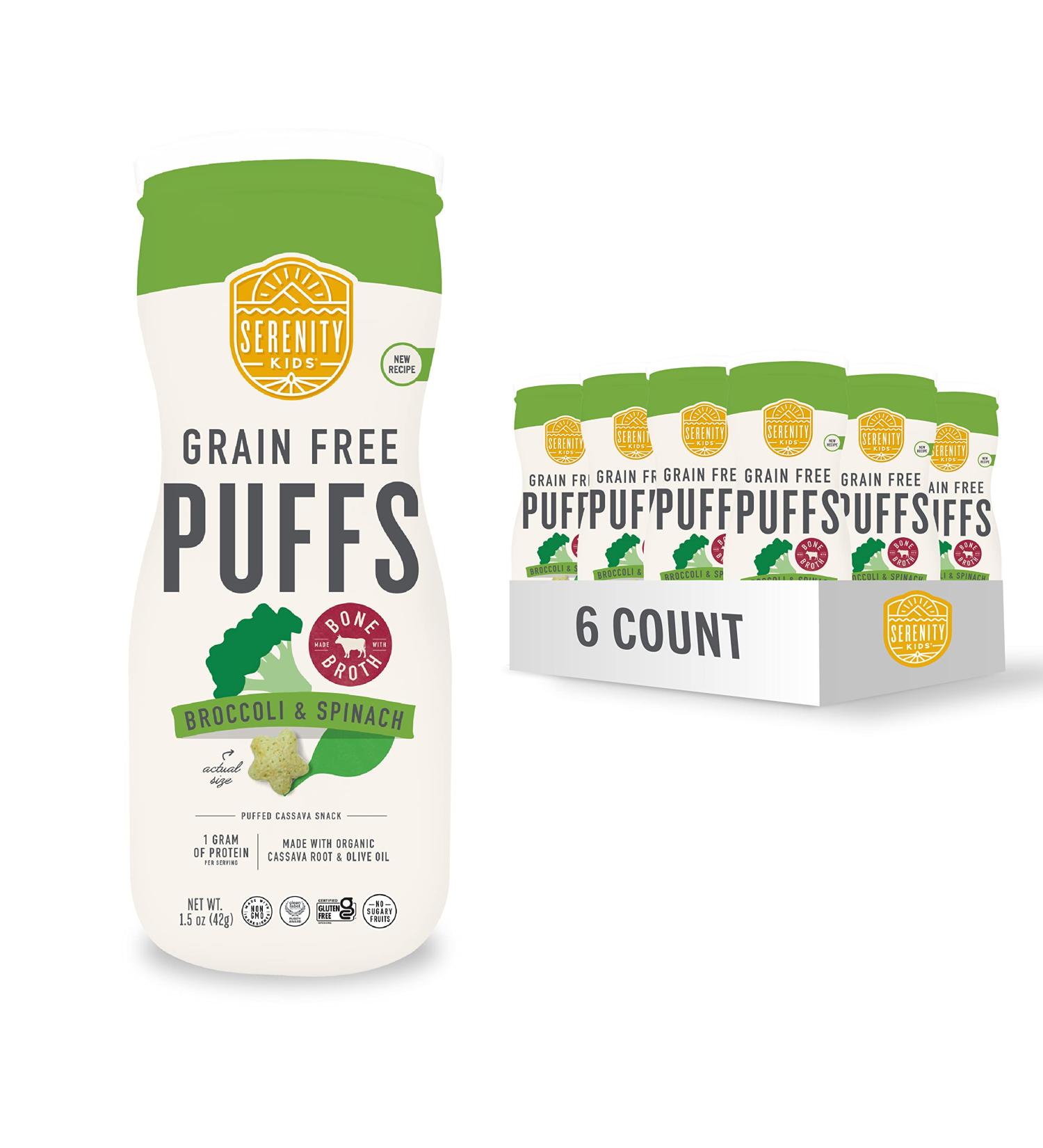 Serenity Kids 6+ Months Grain Free Puffs Toddler & Baby Snack | No Added Sugar Gluten & Rice Free Allergen Free | Made with Organic Cassava Veggies and Herbs | Broccoli & Spinach | 6 Count Broccoli & Spinach 1.5 Ounce (Pack of 6) - Buy Online on GoSupps.com