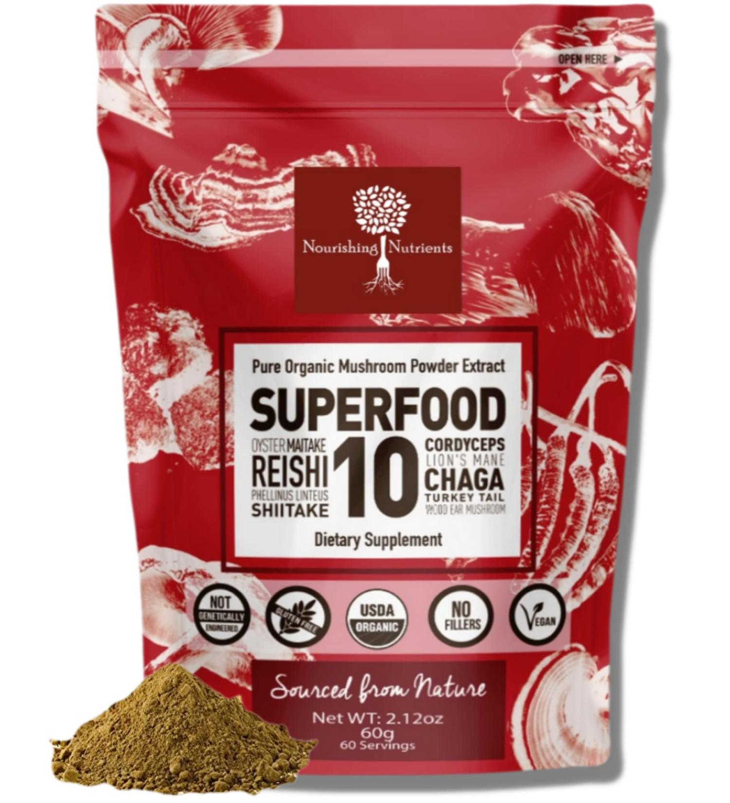 Organic Mushroom Powder Extract - Superfood 10 Supplement | 14x Stronger Immunity Booster 100% Pure USDA | Reishi, Chaga, Cordyceps, Shiitake, Lions Mane, Turkey Tail | Add to Coffee/Tea | 60g/2.12oz (Pack of 1) - Buy Online on GoSupps.com