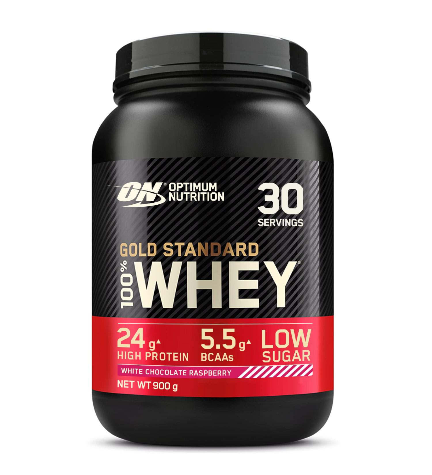 Optimum Nutrition Gold Standard 100% Whey Muscle Building and Recovery Protein Powder With Naturally Occurring Glutamine and BCAA Amino Acids White Chocolate Raspberry Flavour 30 Servings 900 g - Buy Online on GoSupps.com