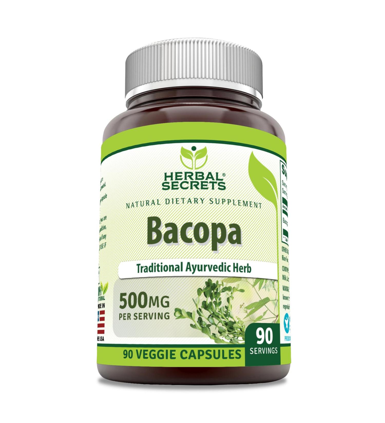 Herbal Secrets Bacopa Powder 500 Mg 90 Veggie Capsules Supplement | Non-GMO | Gluten Free | Made in USA