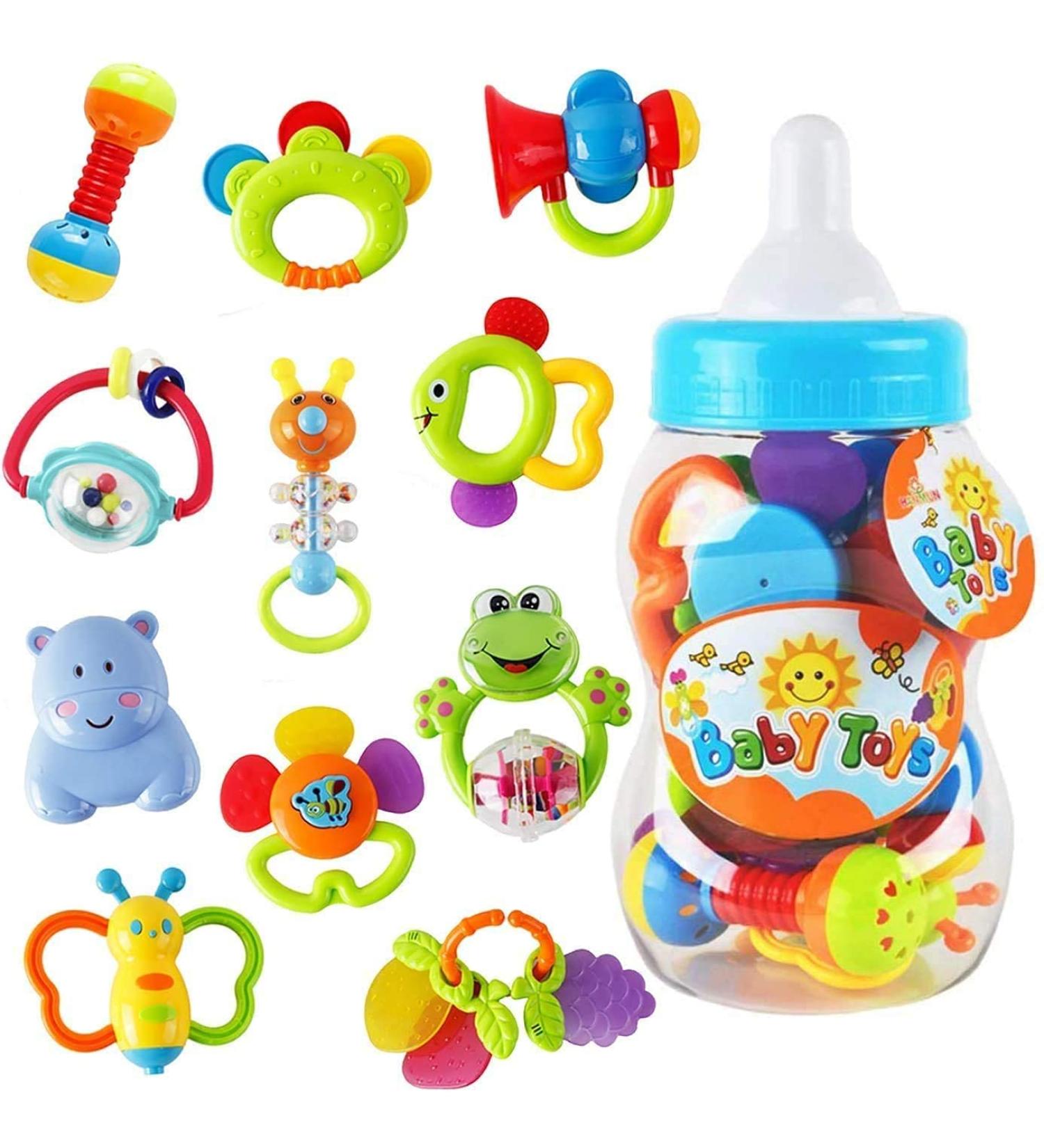 WISHTIME 11PCS Baby Rattles Teethers for Newborn Toys - Hand Development Rattle Toys and Giant Bottle - Gifts for Infants 0-12 Months (Blue) - Buy Online on GoSupps.com