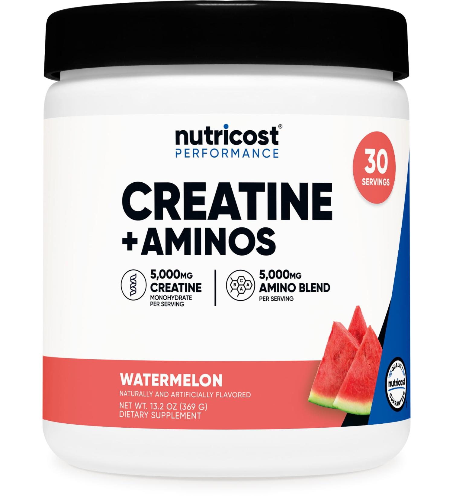 Nutricost Creatine + Aminos 30 Servings (Watermelon Flavored) - 5 000mg Creatine Monohydrate + 5000mg Amino BCAA Blend Per Serving - Buy Online on GoSupps.com