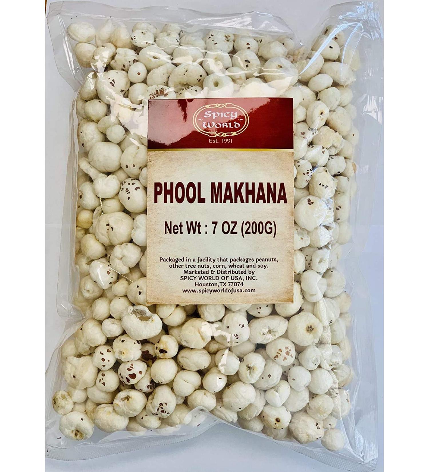 Spicy World Phool Makhana 200g (7oz) - Plain Raw Uncooked Fox Nut / Popped Lotus Root Seed - All Natural Vegan Snack - Indian 7 Ounce - Buy Online on GoSupps.com
