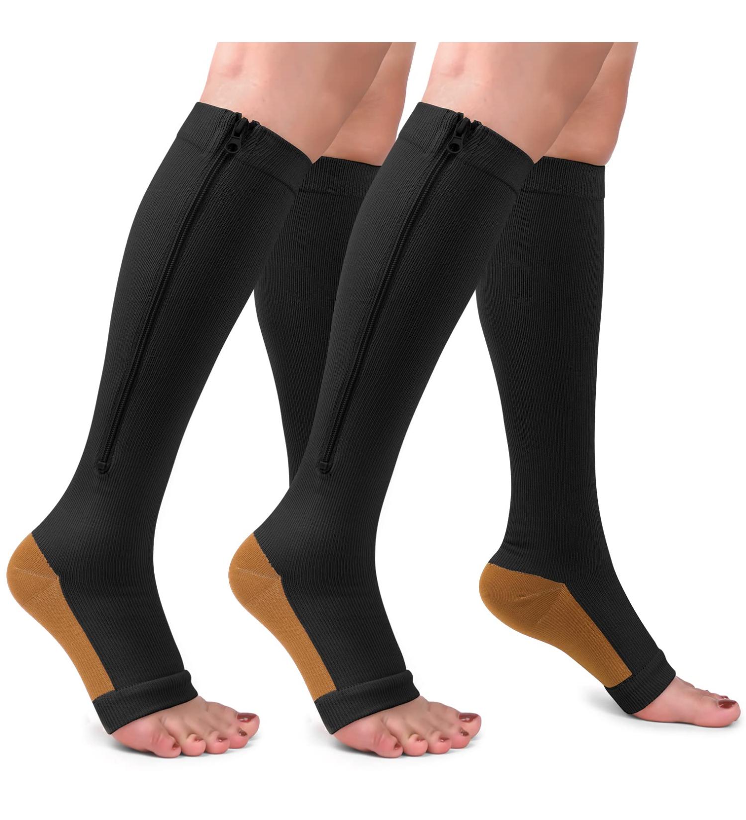 Copper Zipper Compression Socks 15-20mmHg - 2 Pairs, Open Toe Support, Black, Large-X-Large - Buy Online on GoSupps.com