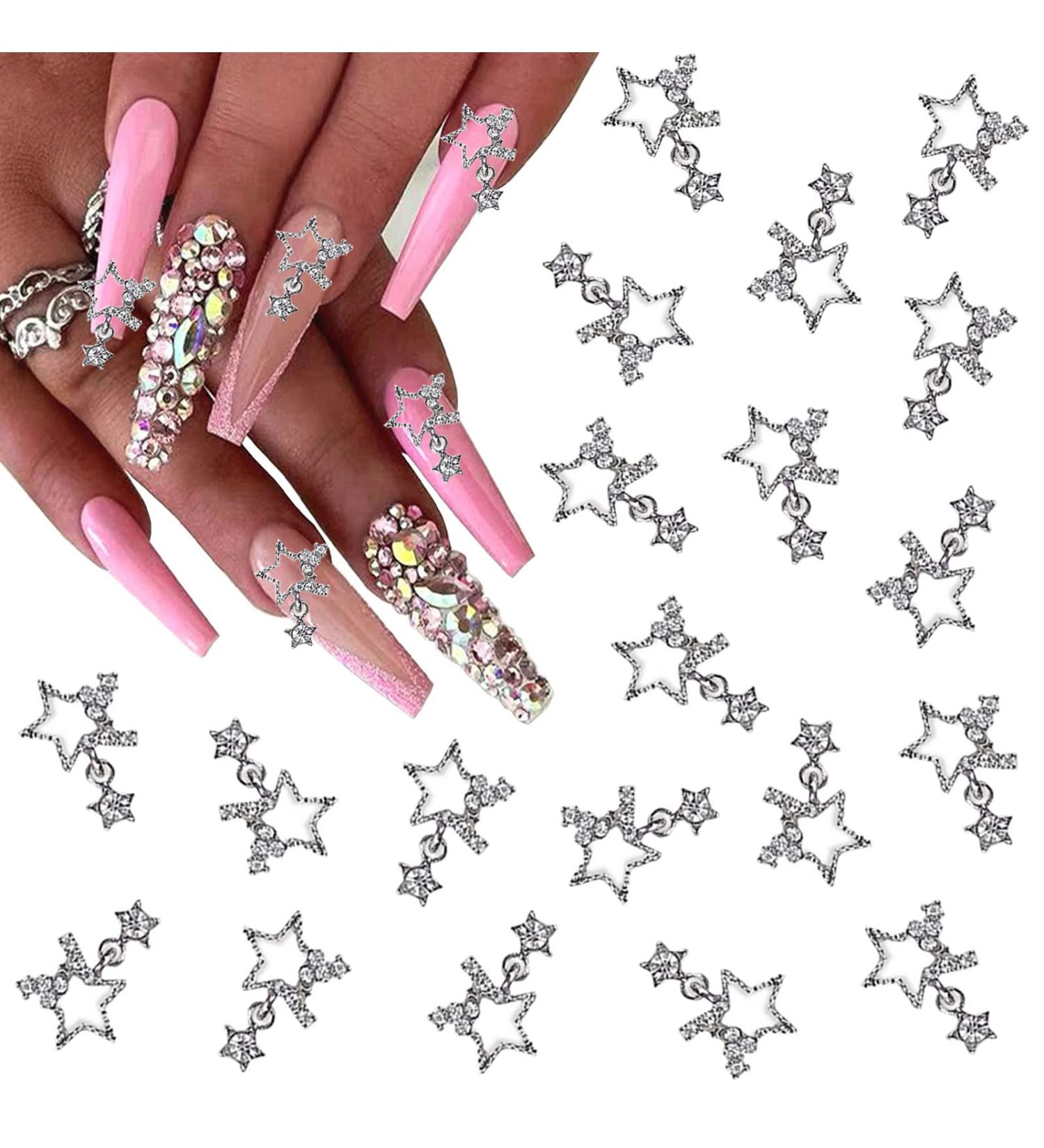 KACHIMOO 3D Rhinestone Star Nail Charms - 20 Pieces Dangling Silver Stars for Nail Designs | Nail DIY Accessories - Buy Online on GoSupps.com