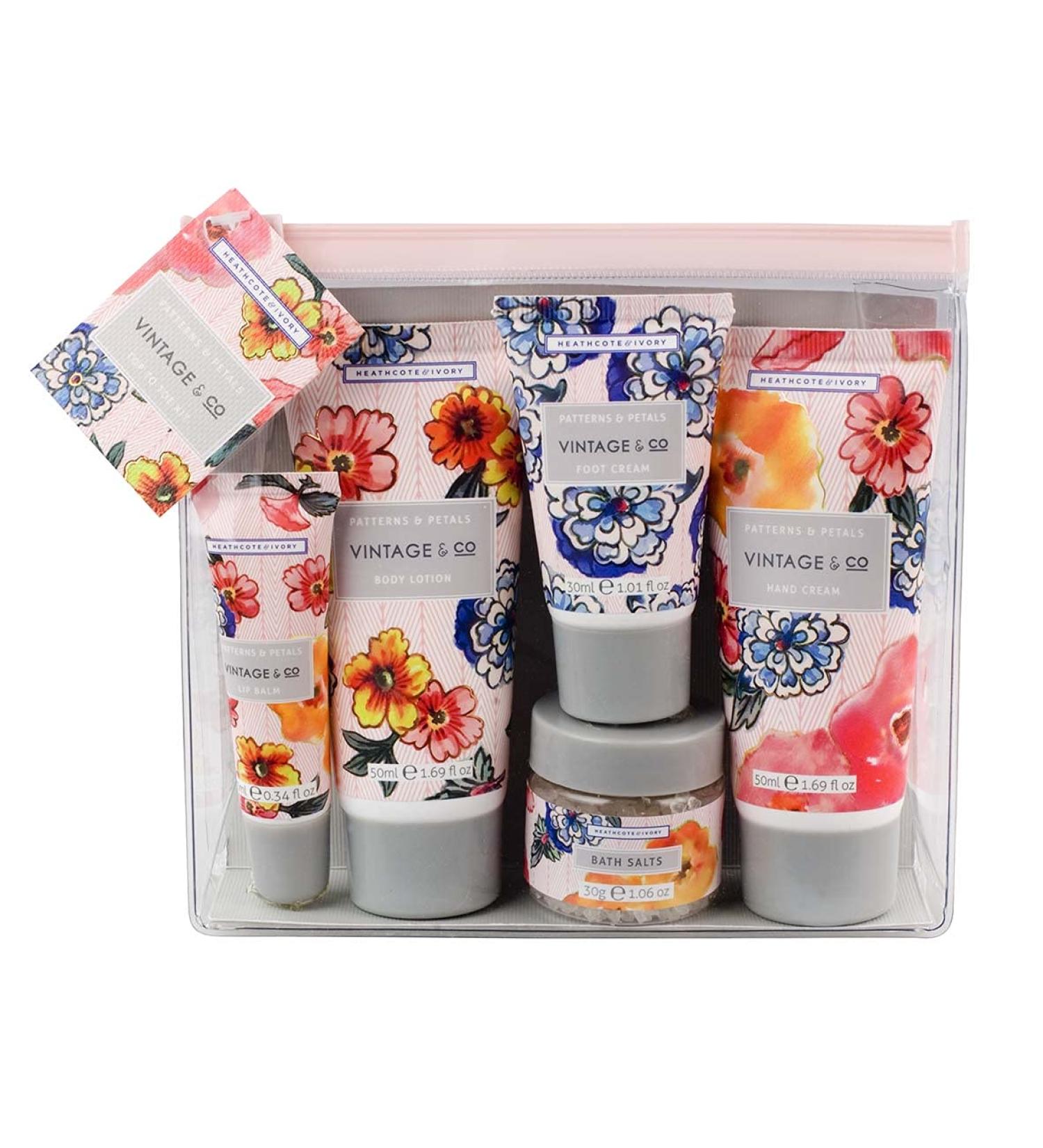 Vintage & Co Patterns & Petals Travel-Friendly Top-To-Toe Kit | Hand Cream Body Lotion Foot Cream Lip Balm & Swimming Salt | 50ml 30ml 10ml Sizes for Ultimate Care - Buy Online on GoSupps.com