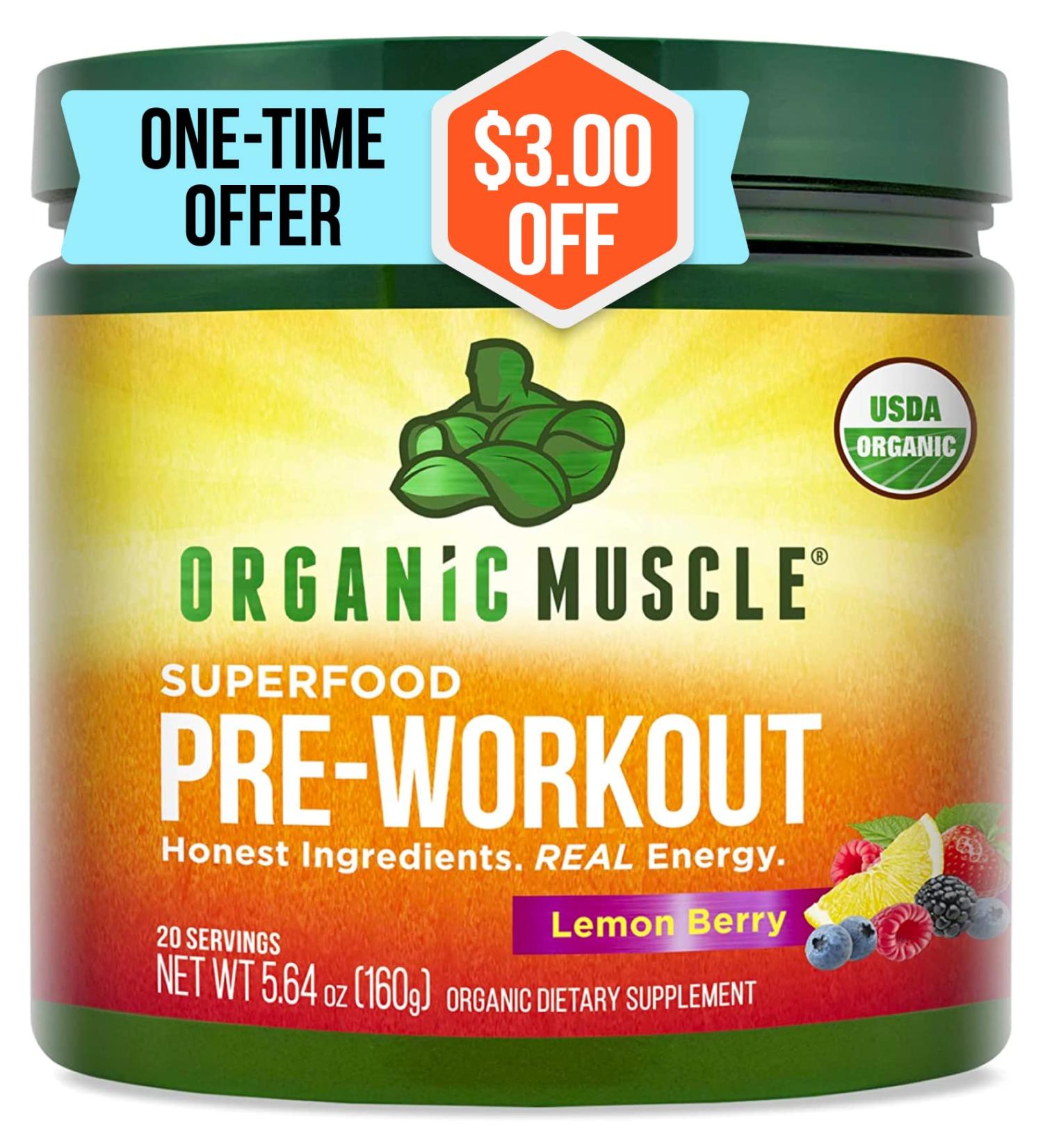 Organic Muscle Natural Pre Workout Powder - Lemon Berry 160g | USDA Organic, Keto, Vegan, Non-GMO | Energy, Performance & Endurance for Men & Women - Buy Online on GoSupps.com