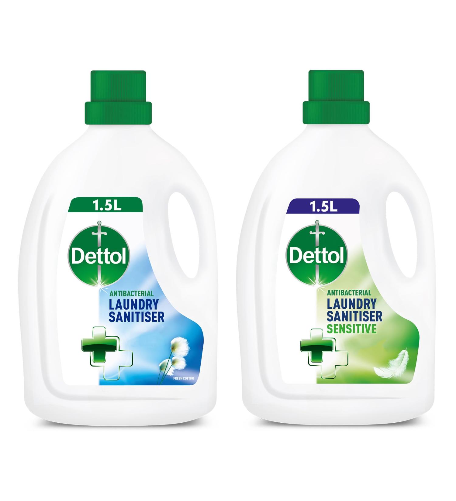 Dettol Antibacterial Laundry Cleanser Original and Sensitive Sanitiser Additives Fresh Cotton and Fragrance Free Multipack 25 Washes 2x 1.5 L Pack of 2.