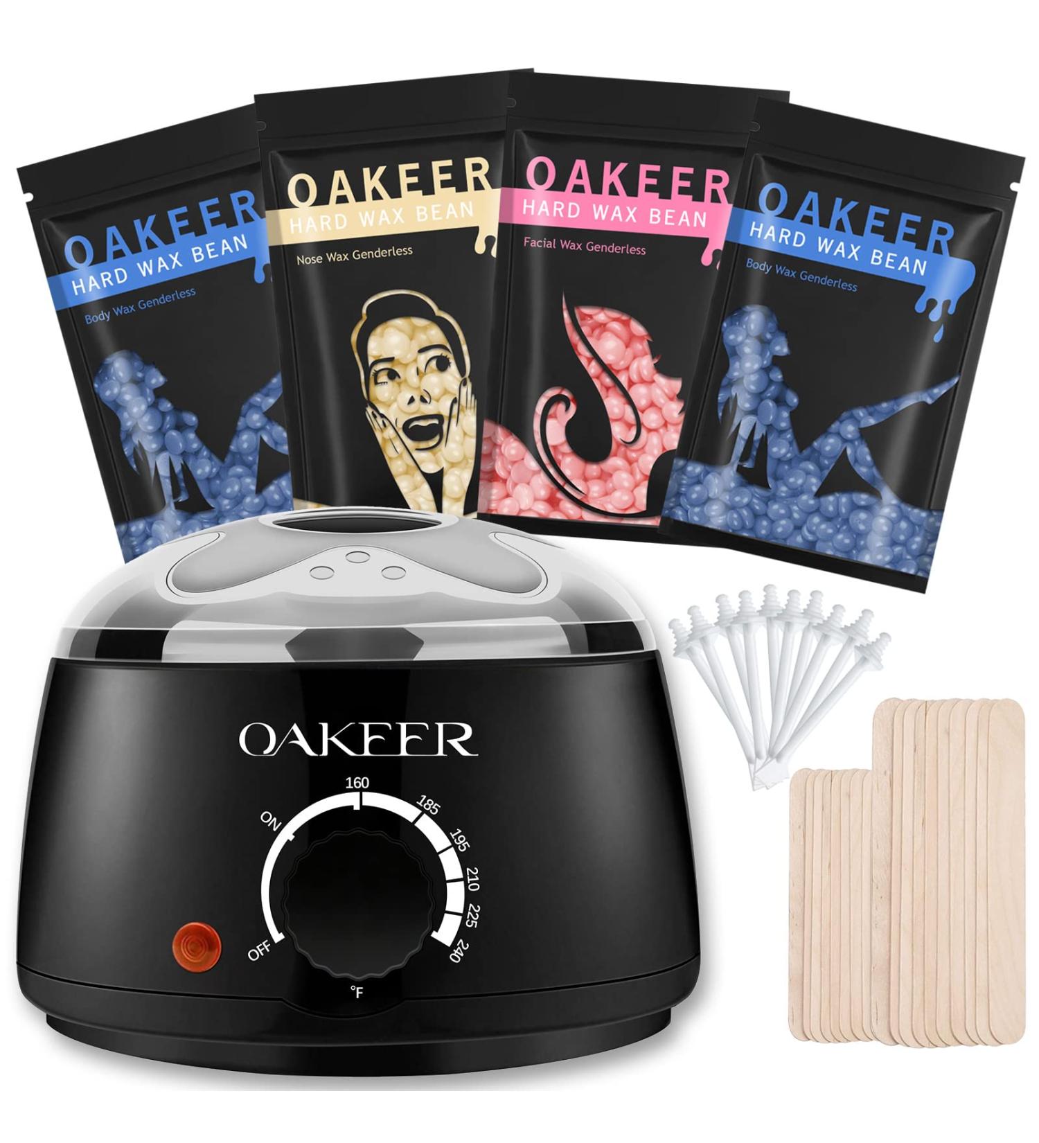 Oakeer Waxing Kit with Wax Warmer - Hair Removal Set for Body, Face & Bikini Area - Includes 4 Bags of Wax Beans, 34 Applicators - For Women and Men - Buy Online on GoSupps.com
