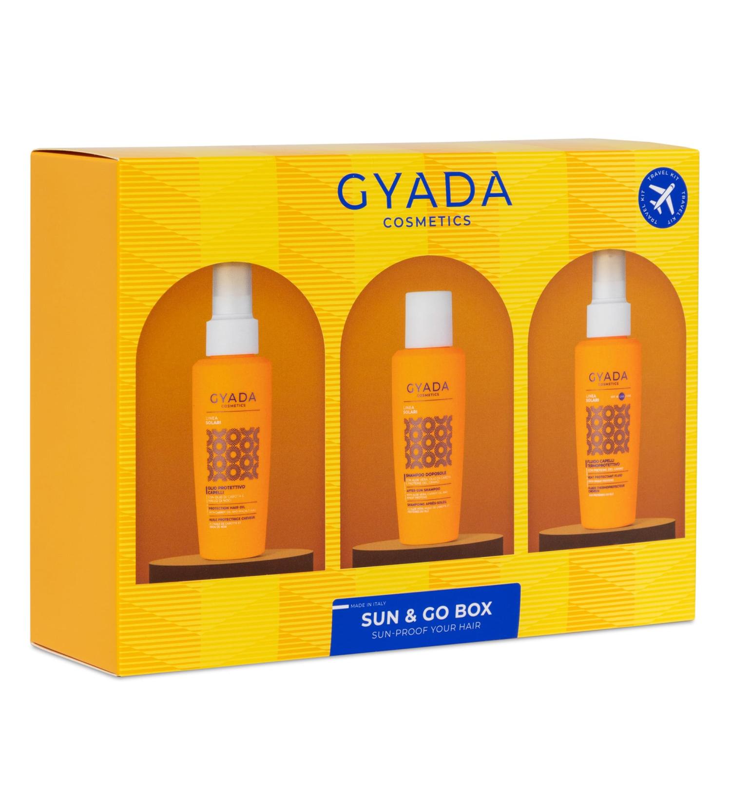  GYADA COSMETICS GYADA COSMETICS SUN & GO BOX Set consisting of shampoo sun oil and SPF10 heat-protective liquid protects against sun chlorine wind and salt with plant proteins 3 x 100 ml - Buy Online on GoSupps.com