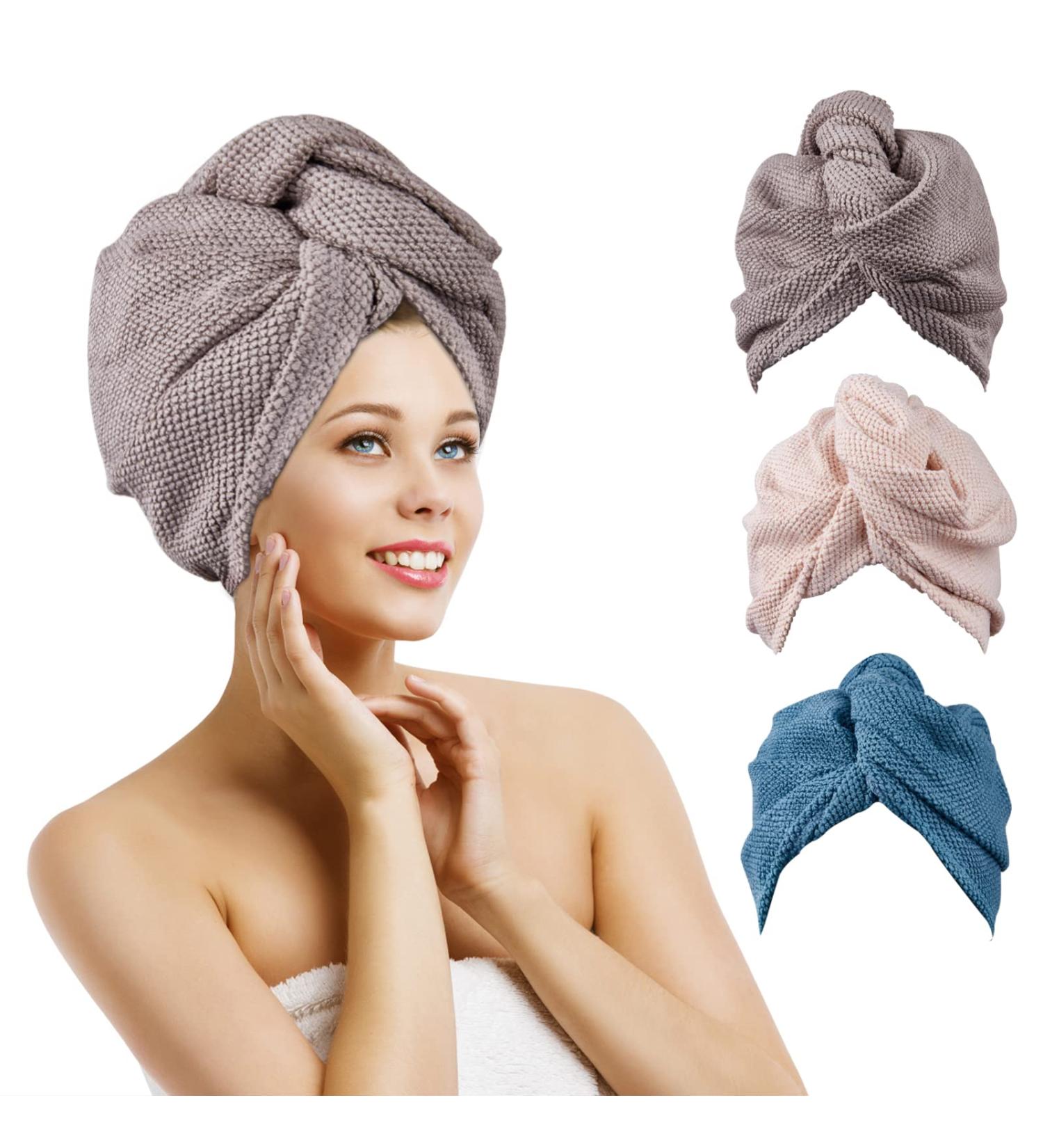 TrendySupply Microfiber Hair Towel Wrap 3 Pack - Ultra Absorbent Quick Dry Hair Turban for Curly Long Thick Hair - Blue+Grey+Cream (11x25 with Buttons) - Buy Online on GoSupps.com