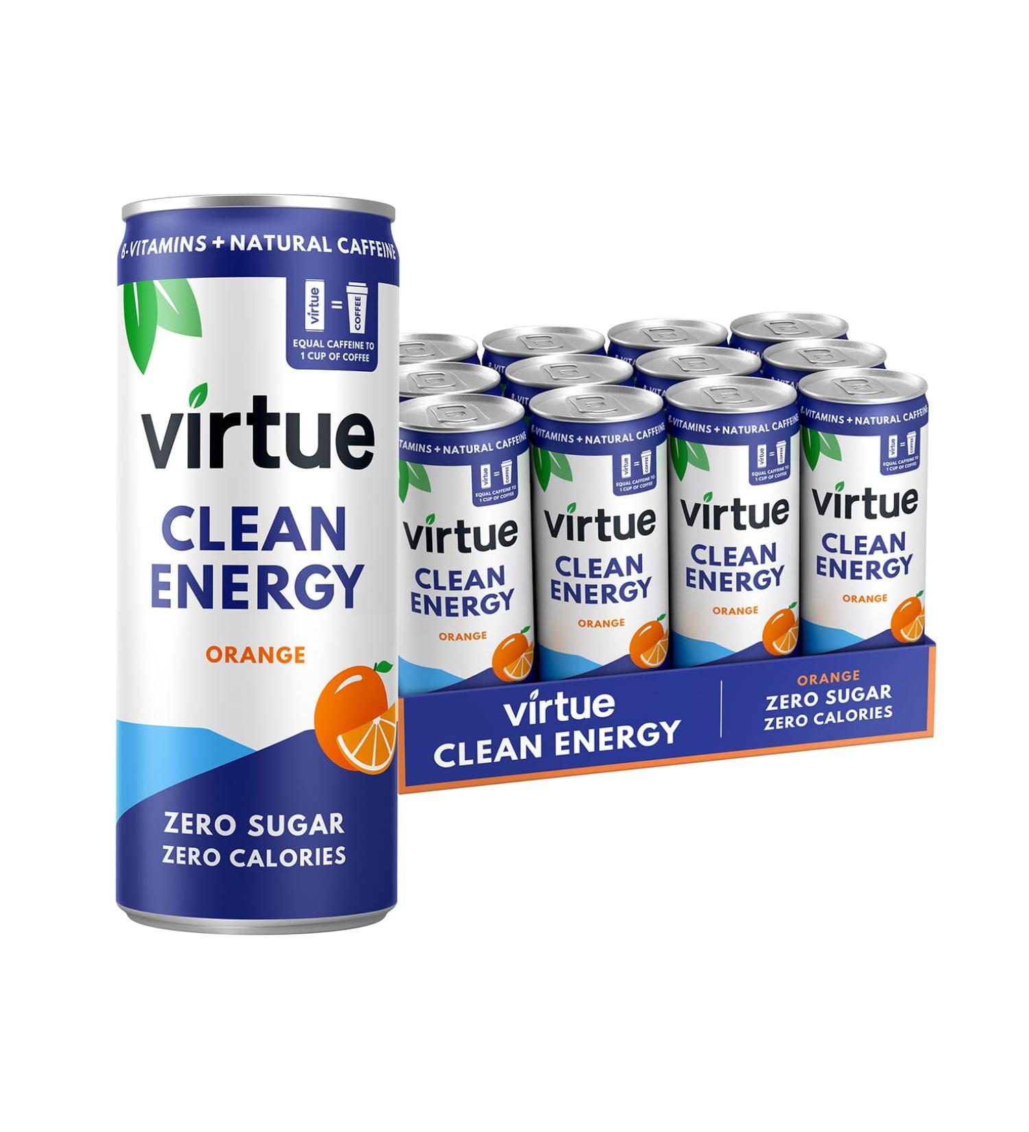 Virtue Clean Energy - Natural Energy Drink - Sugar Free Zero Calories Vegan Keto Friendly Gluten Free Vitamin B (Orange 12 x 250ml) Orange 250 ml (Pack of 12) - Buy Online on GoSupps.com
