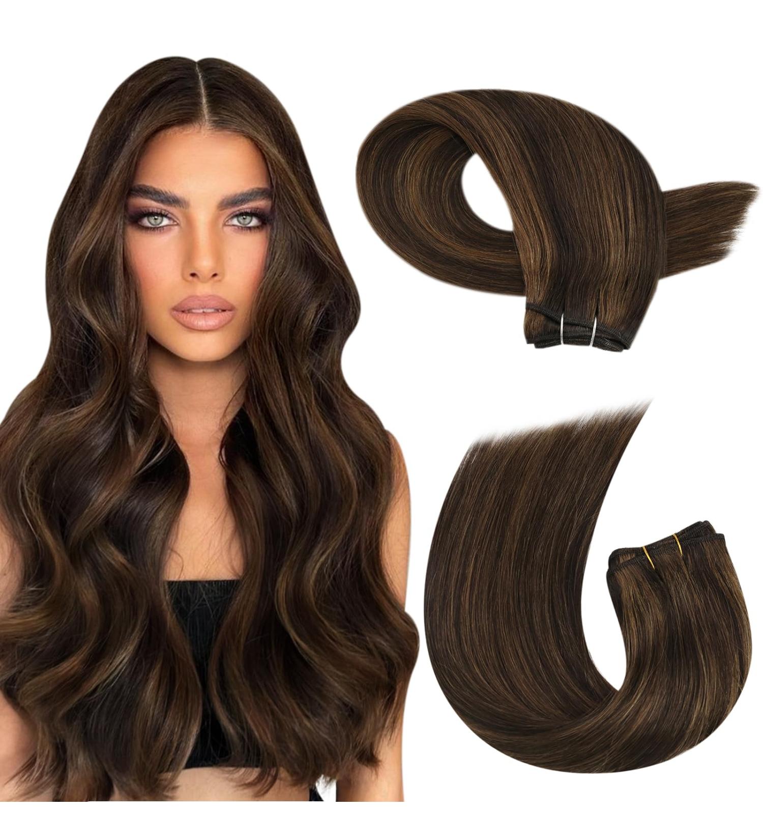 Moresoo Double Weft Human Hair Extensions in Darkest Brown with Chestnut Brown - 14 Inch, 100g/Pack | Sew-in Real Human Hair Weft Extensions #P2/8 - Buy Online on GoSupps.com