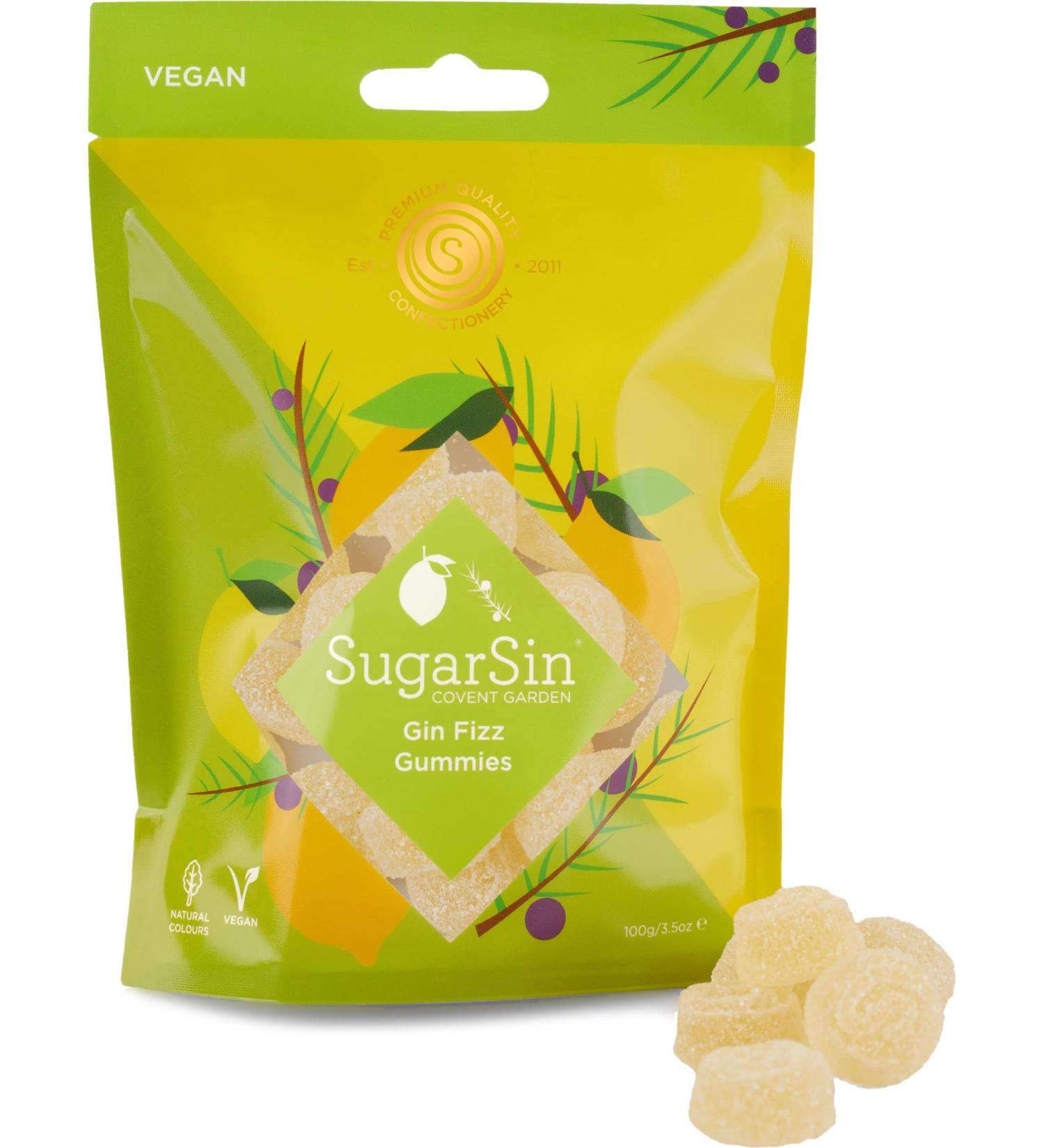SugarSin - Gin Fizz Gummies Pouch Infused with Real Gin & Refreshing Citrus Flavours Bitter and Sweet Vegan Friendly & Gluten Free No Palm Oil or Nuts Great Gift Resealable 1x100g - Buy Online on GoSupps.com