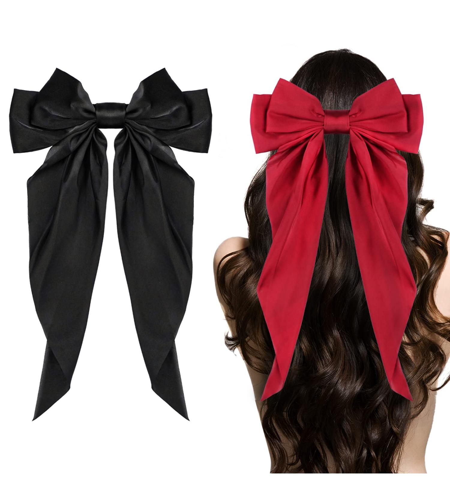 2pcs Long Tail French Hair Bows for Women - Black & Milky White Satin Silky Bow Barrettes - 90's Accessories for Birthday/Party/Show - Buy Online on GoSupps.com