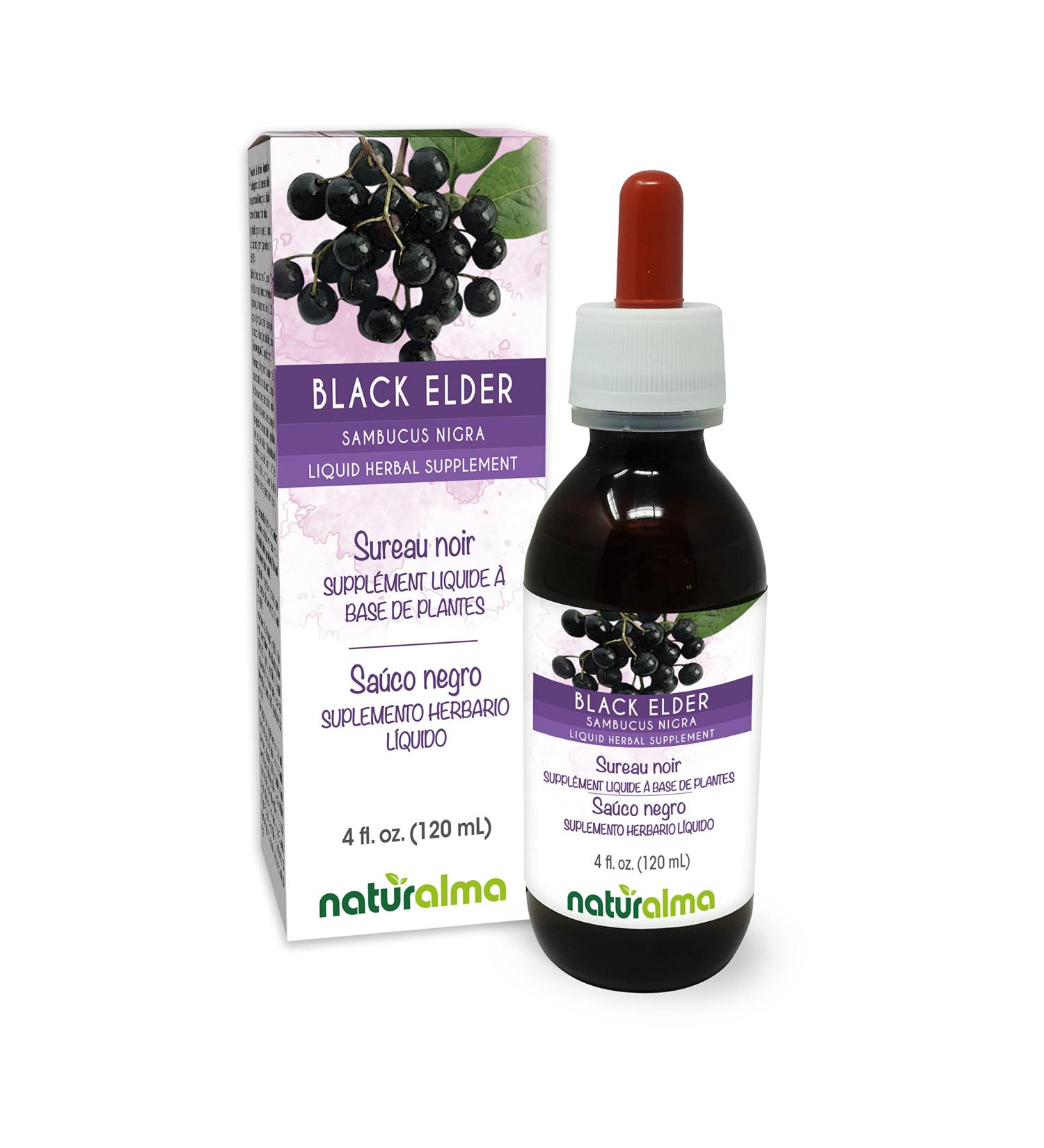Naturalma Black Elder (Sambucus nigra) Flower (Elderflower) and Fruit (Elderberry) Alcohol-Free Tincture - 4 fl oz Liquid Extract in Drops - Herbal Supplement - Vegan Alcohol-free 4 Fl Oz (Pack of 1) - Buy Online on GoSupps.com