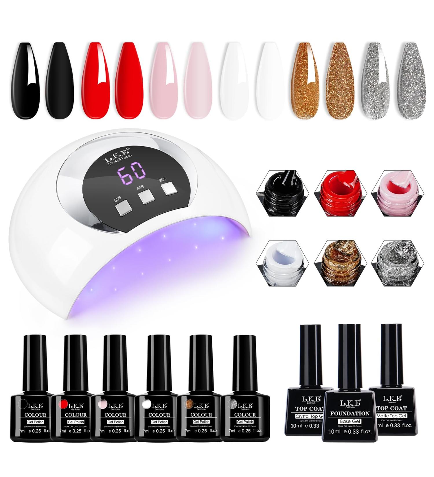 LKE Gel Nail Polish Kit - 54W UV Light 6 Color Set (White Black Red Pink Gold Silver) - Glossy & Matte Gel Top/Bottom Coat & Nail Art Tools for DIY Manicure - Buy Online on GoSupps.com