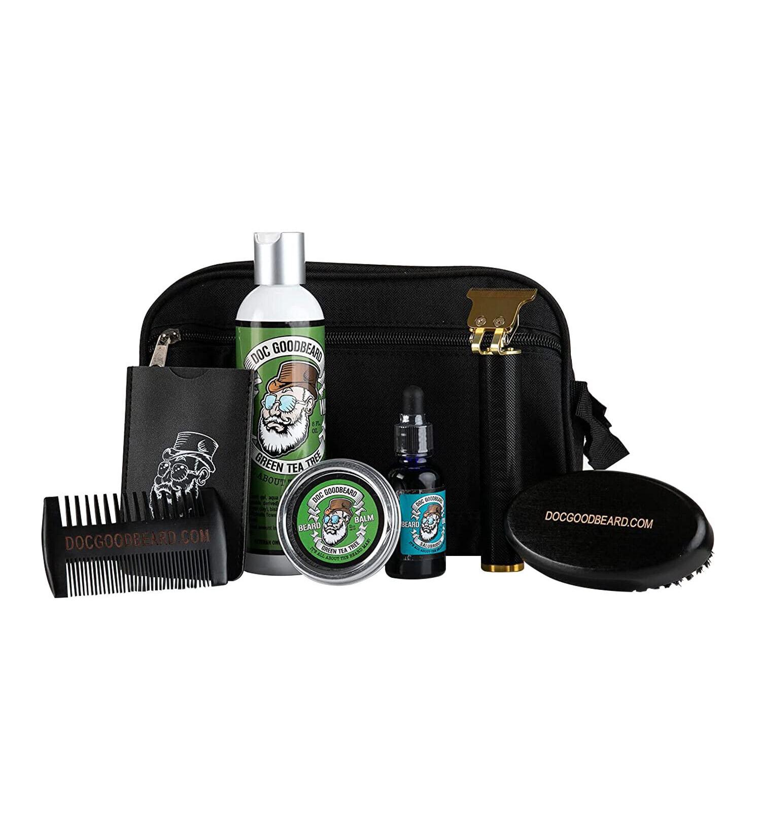 Doc Goodbeard Ultimate Beard Care Kit - Green Tea Tree Balm Oil Wash Comb Brush & Trimmer | International Shipping Available - Buy Online on GoSupps.com