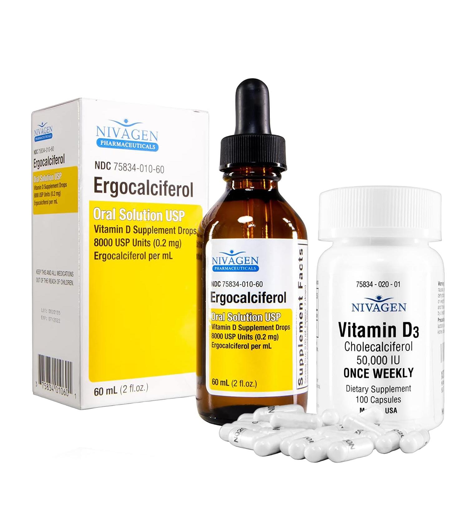 Vitamin D2 Liquid Drops (Ergocalciferol) 400 IU - 60ml (8 000 USP 1 200 Servings) + Vitamin D3 50 000 IU Capsules (100 Count) - Buy Online on GoSupps.com