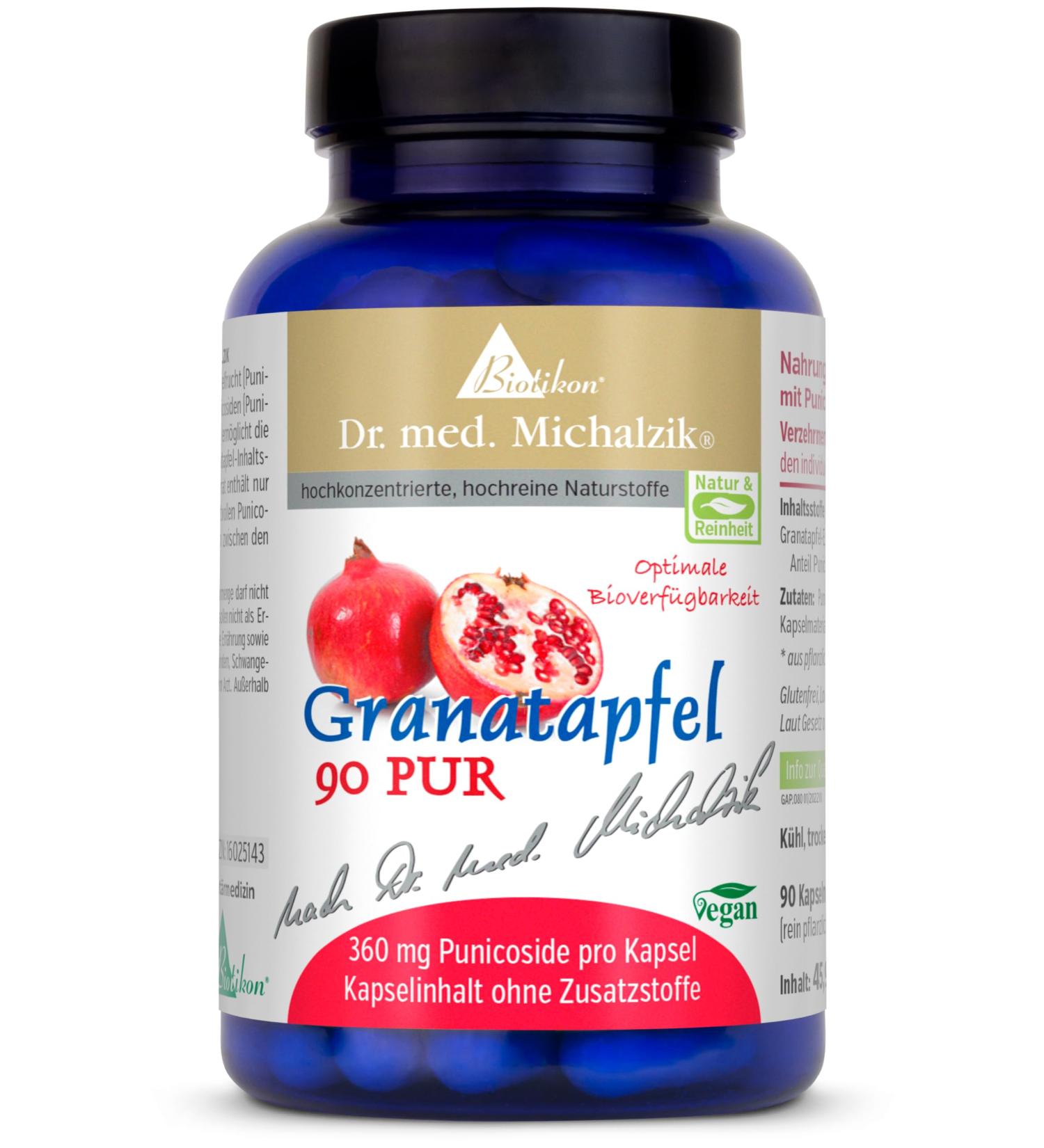  Biotikon Michalzik Pack of 90 Pure Pomegranate Capsules Dr. Med. Michalzik - 400 mg per capsule - Punica Garnet Extract 360 mg - Pure Punicosides - No Additives BIOTIKON  - Buy Online on GoSupps.com