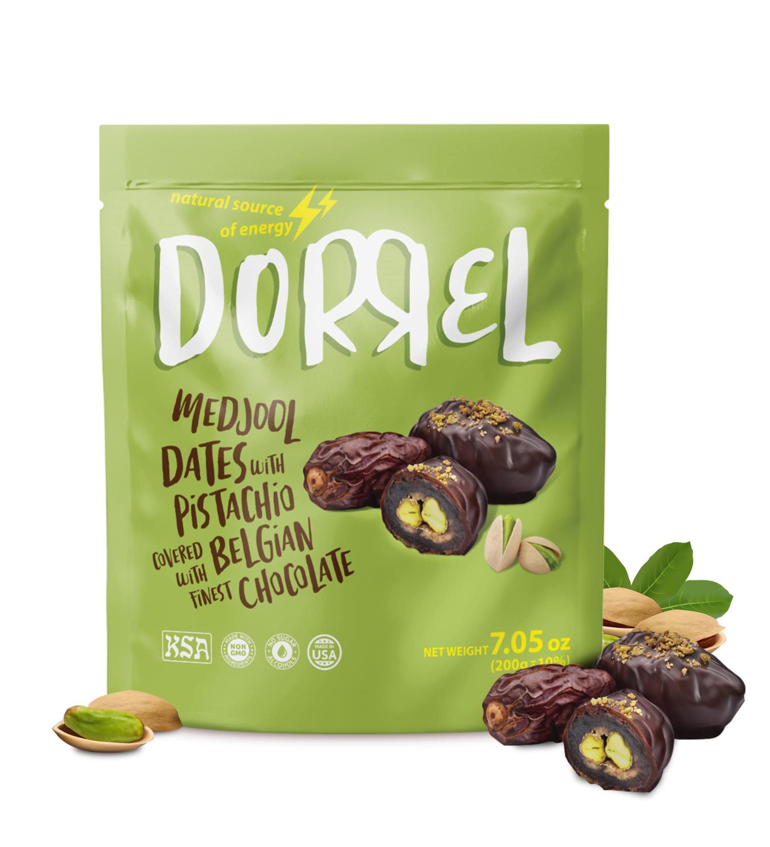 Dorrel Dark Chocolate Covered Medjool Dates with Pistachios | Nutritious High-Energy Snack | Non-GMO & Kosher | 1 Pack - Buy Online on GoSupps.com