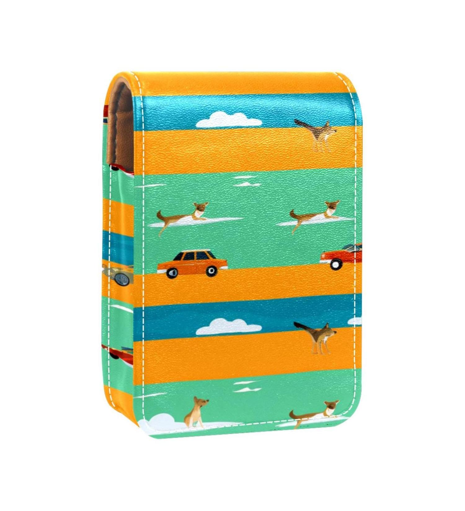 Buy Stylish Leather Lipstick Case with Mirror - Mini Lipstick Organizer in Blue Yellow Green Stripes | International Shipping Available - Buy Online on GoSupps.com