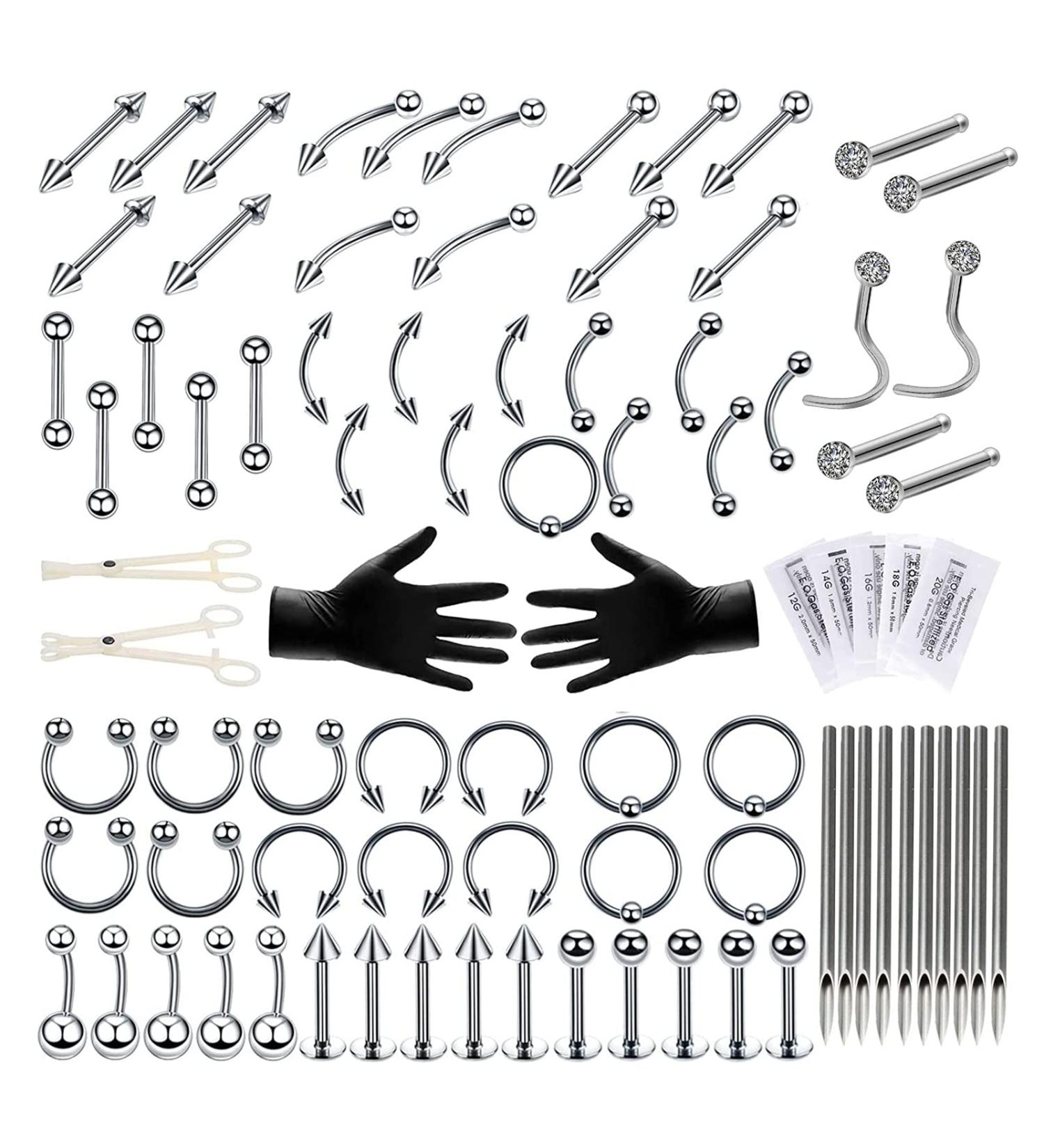 SOTICA 97PCS Piercing Jewelry Kit Professional Body Piercing Set with Needles Clamps and a Variety of Jewelry for Ear Nose and Body Piercings