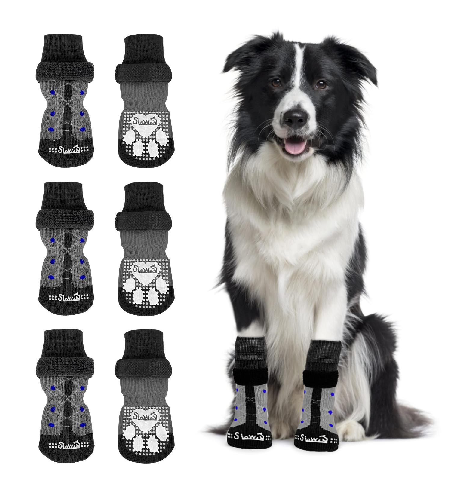 Slowton Indoor Anti-Slip Dog Socks - 3 Pairs with Velcro Soft Paw Protection for Small & Medium Dogs - Ideal for Hardwood Floors (Black Large) - Buy Online on GoSupps.com