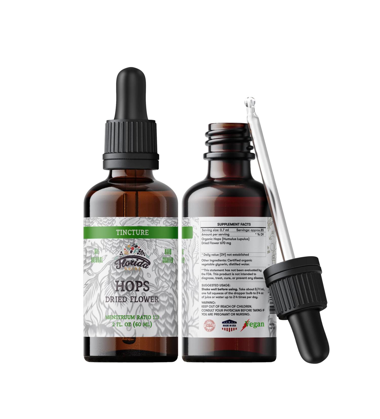 FLORIDA HERBS Hops Tincture Organic Hops Extract Drops (Humulus Lupulus) Dried Flowers - Non-GMO 2 oz 2 Fl Oz (Pack of 1)