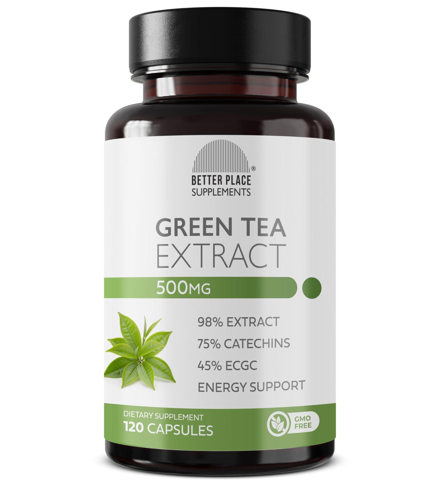 Better Place Supplements Green Tea 98% Extract 500mg | 120 Capsules - 4 Month Supply | 75% Catechins 45% EGCG | Non-GMO Formula | Daily Energy & Antioxidant Support (1)