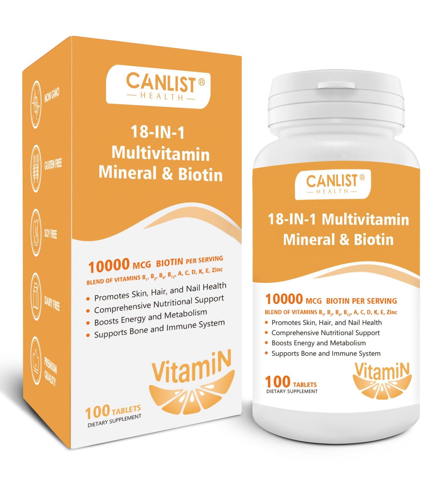 CANLIST Hair Skin and Nails Multi-Vitamin for Men & Women 10000mcg Biotin & Multimineral Contains B-Vitamins Vitamins C E & D3 Trace Minerals Zinc Gluten-Free Dairy-Free Soy-Free 100 Tablets - Buy Online on GoSupps.com