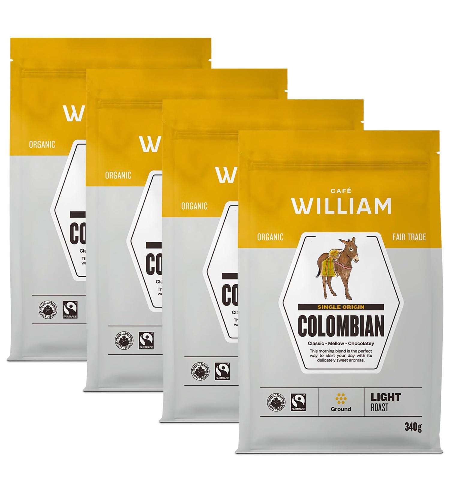 COLOMBIAN Ground Organic Coffee | Light-Medium Roast | Specialty Grade Single Origin Filter Grind Certified Fair Trade | Caf William Sustainably Roasted in Canada | Colombien Biologique Moulu - 340 g (pack of 4 COLOMBIAN 340 g (Pack of 4) - Buy Online on GoSupps.com
